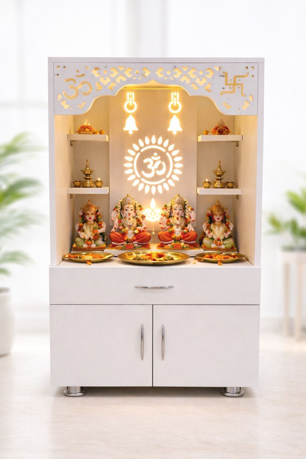 Image of KANAKVEERA CRAFT Wooden temple /Modern Home Temple with LED Om Design Engineered Wood Home Temple