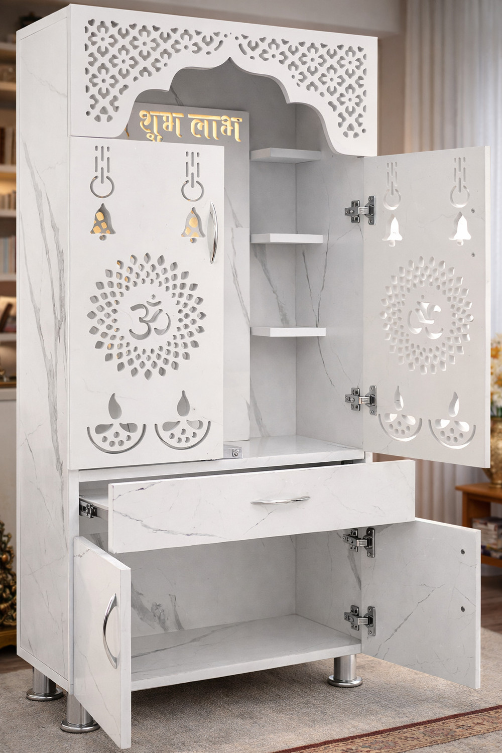 Image of HOODWIN Furniture Wooden Mandir Temple With Decorative LED Light Pre-assembled Engineered Wood Home Temple