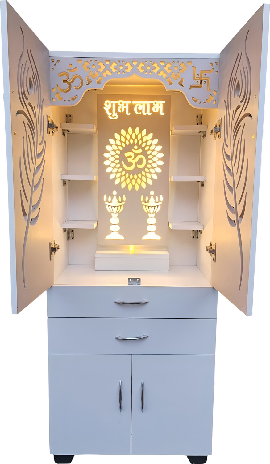 Image of God Of Decor White Mor Pankh Design Large Wooden Home Temple /Pooja Unit /Home Mandir Engineered Wood Home Temple