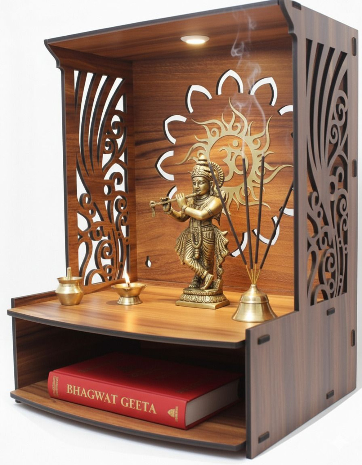 Image of Gojeeva Kraft Engineered Wooden LED Temple Handcrafted Design Pooja Mandir for Home & Office Engineered Wood Home Temple