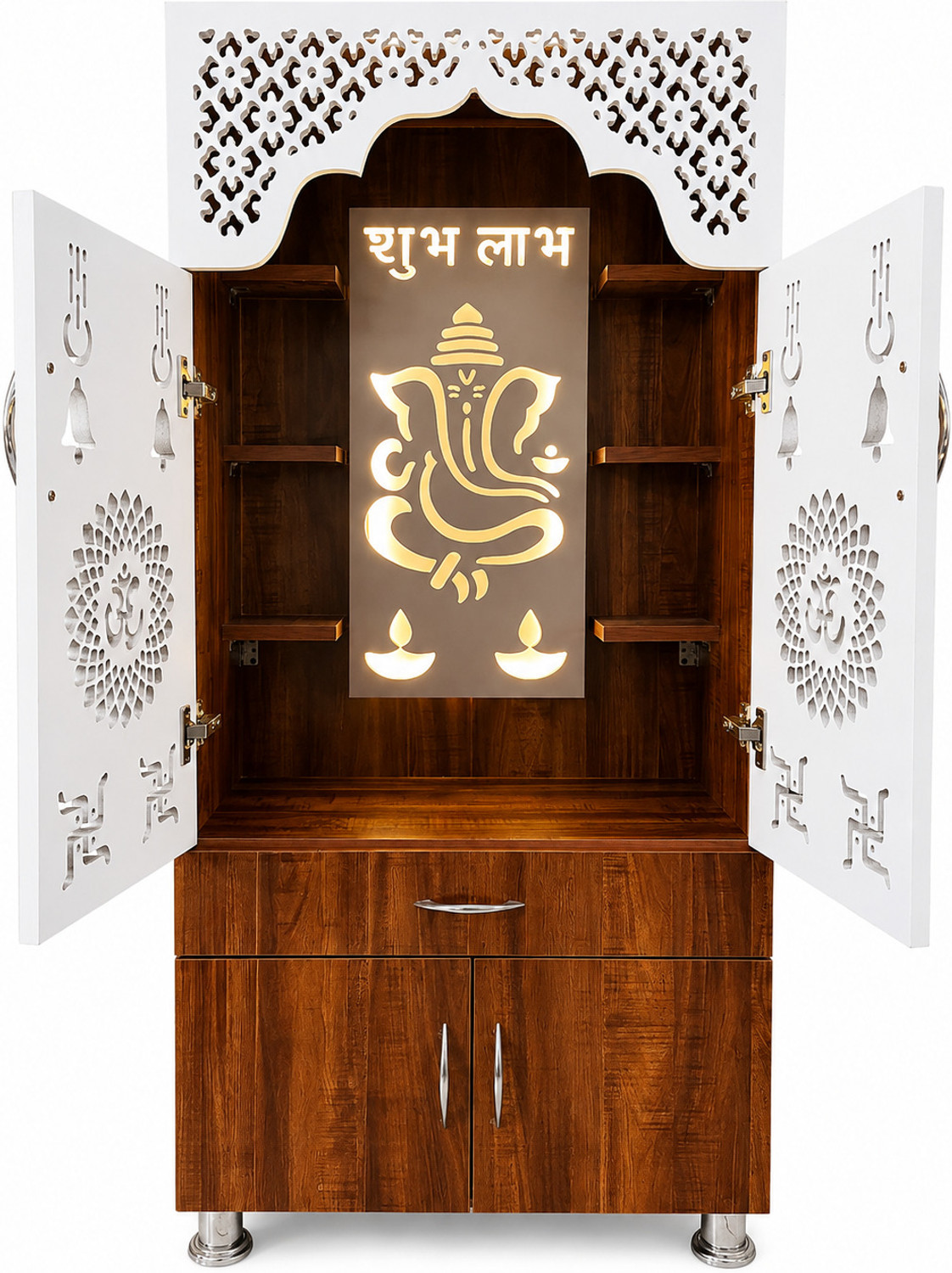 Image of KANAKVEERA CRAFTS Premium Wooden Temple for Home | Pooja Mandir with LED Backlit Ganesh Design Engineered Wood Home Temple