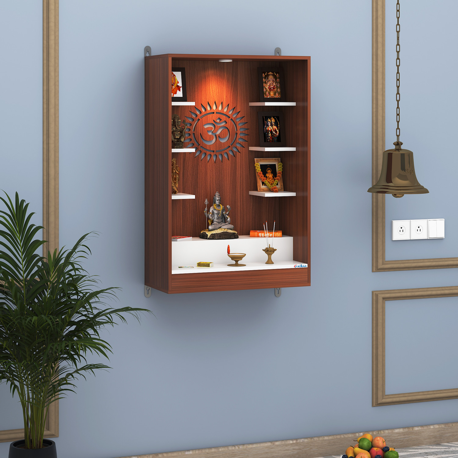 Image of FURNIWUD Niketana Wooden Wall Mount Temple with LED Light, Om Back Panel & 6 Shelves Engineered Wood Home Temple