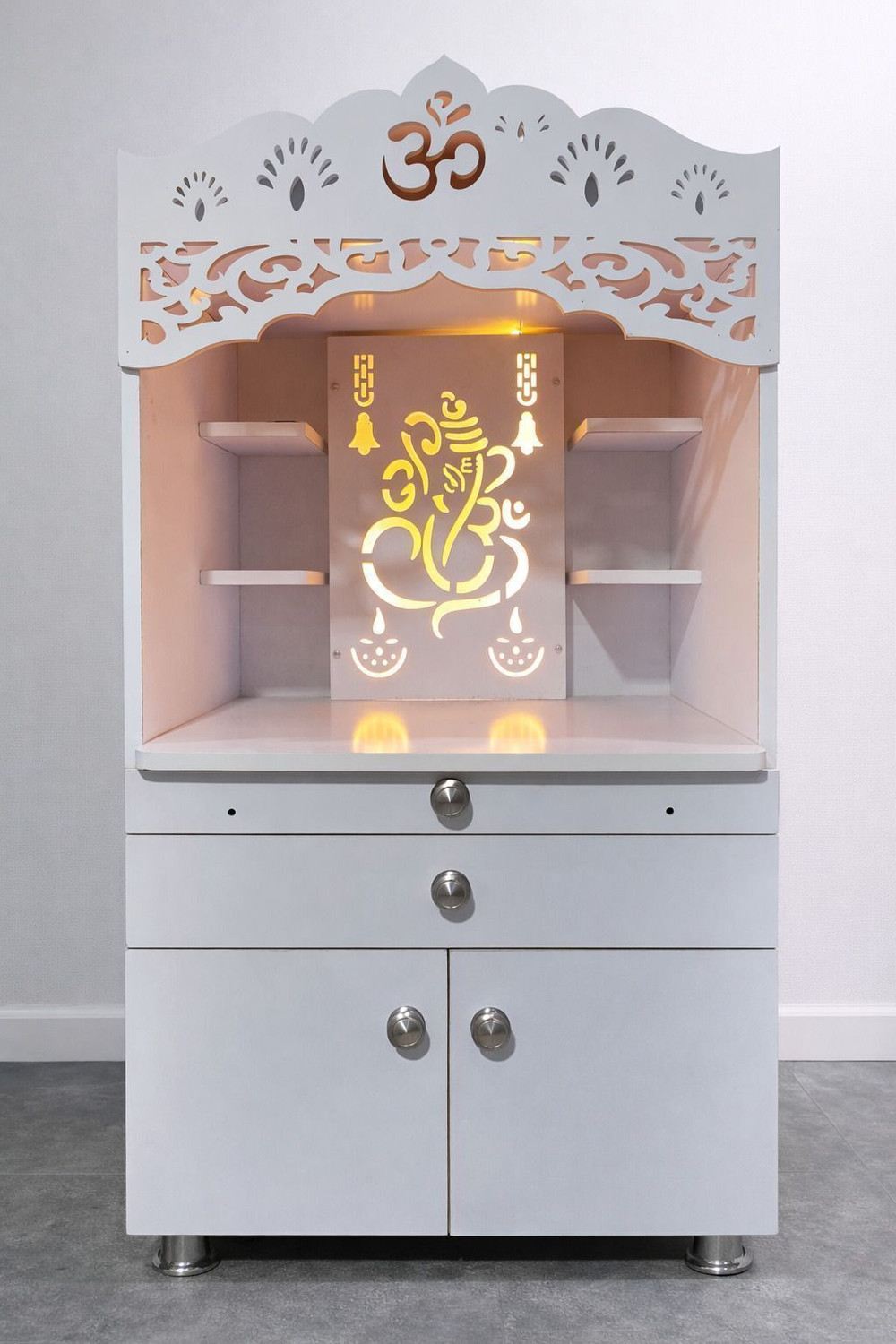 Image of A.D.MODULAR FURNITURE Puja Cabinet with Blue LED Engineered Wood Home Temple