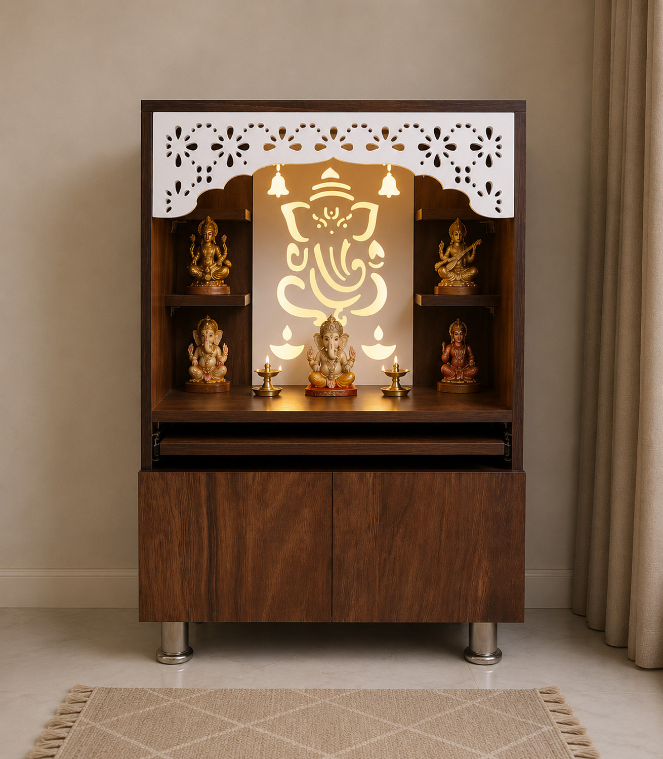 Image of The Wooden Factory Dark Brown Pooja Mandir for Home with LED Light, Storage Cabinet & Shelves Engineered Wood Home Temple