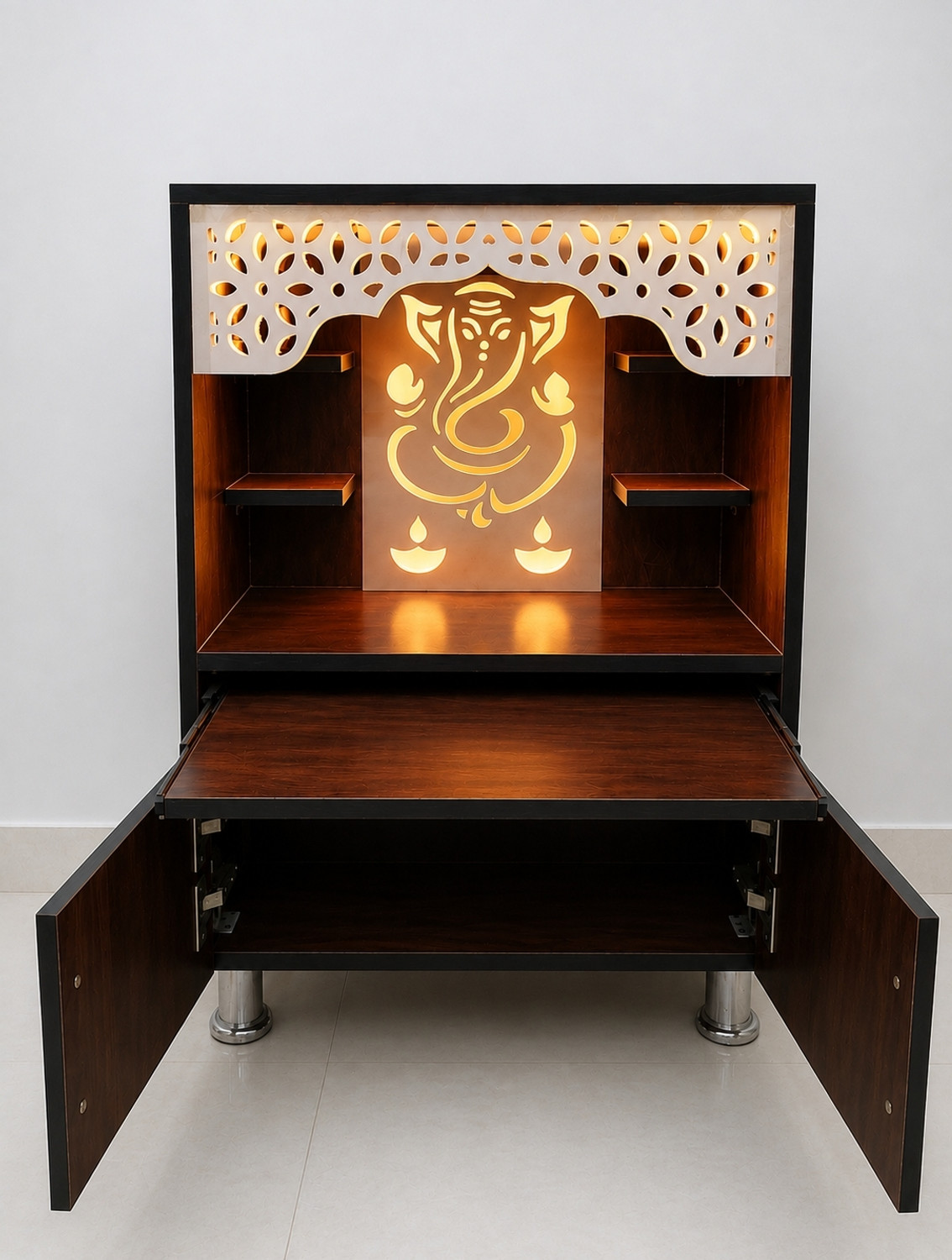 Image of loftqhomes Premium Pooja Mandir with LED Light Panel and Engineered Wooden Engineered Wood Home Temple
