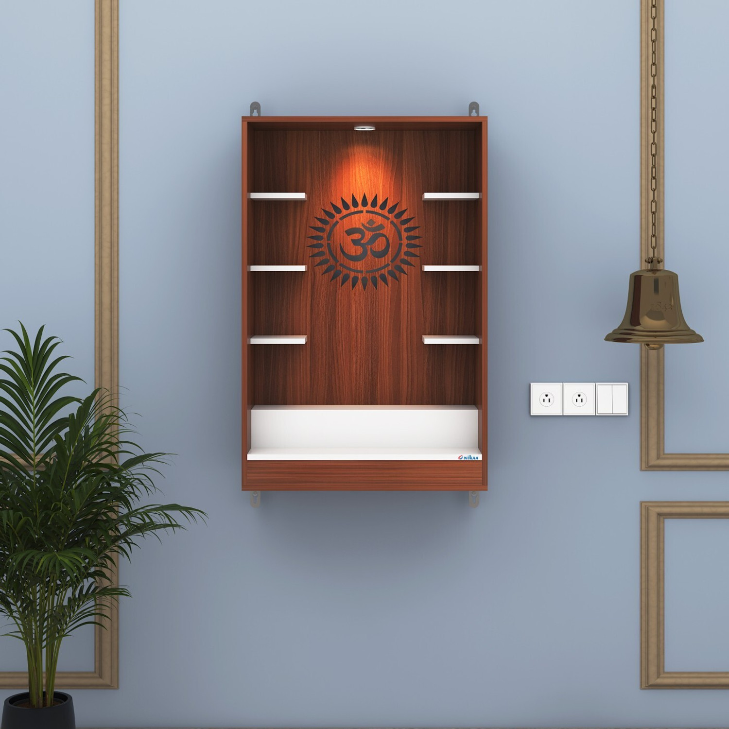 Image of FURNIWUD Niketana Wooden Wall Mount Temple with LED Light, Om Back Panel & 6 Shelves Engineered Wood Home Temple