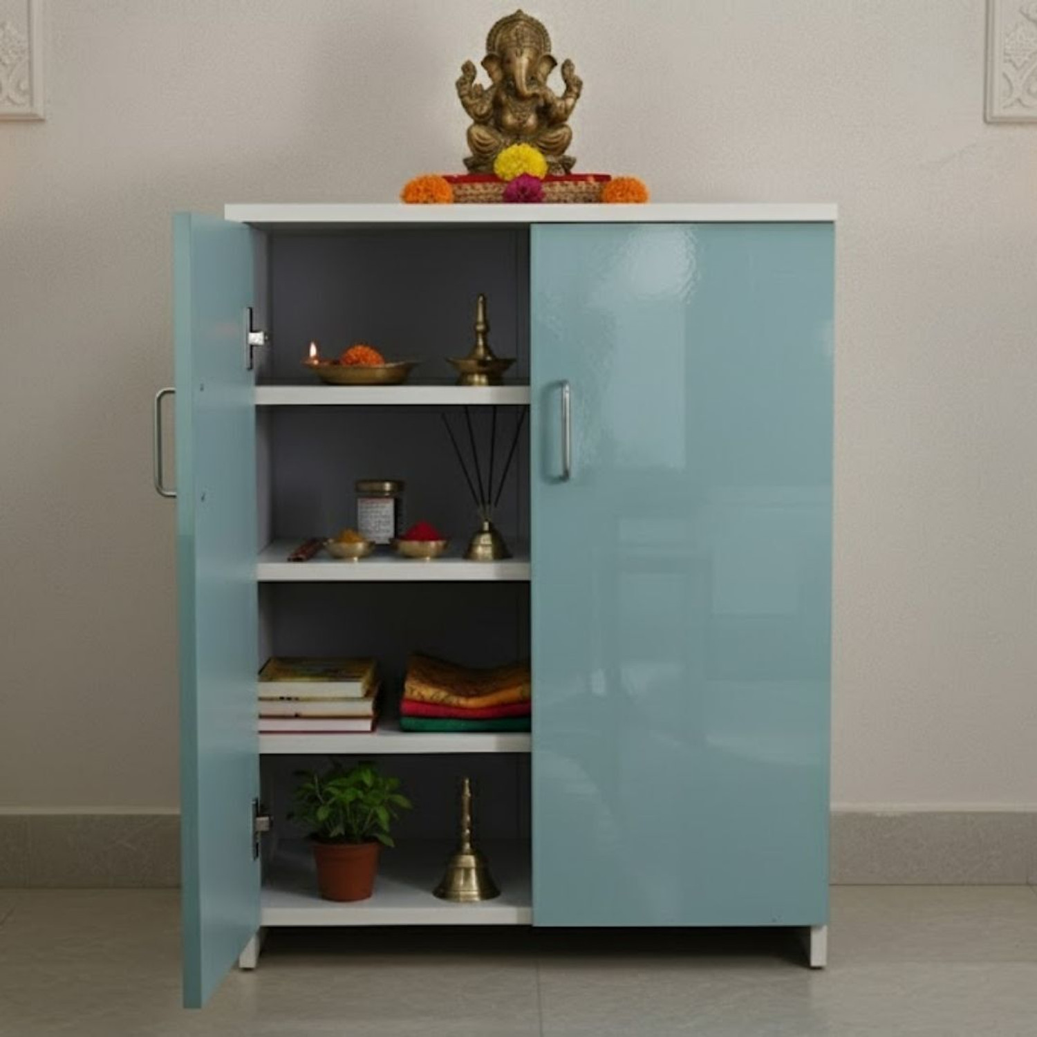 Image of SPECIALITY PANELS 2 Door Mirror Glossy triple layered UV 4 Shelf Altar, Ritual, Puja Cabinet Engineered Wood Home Temple