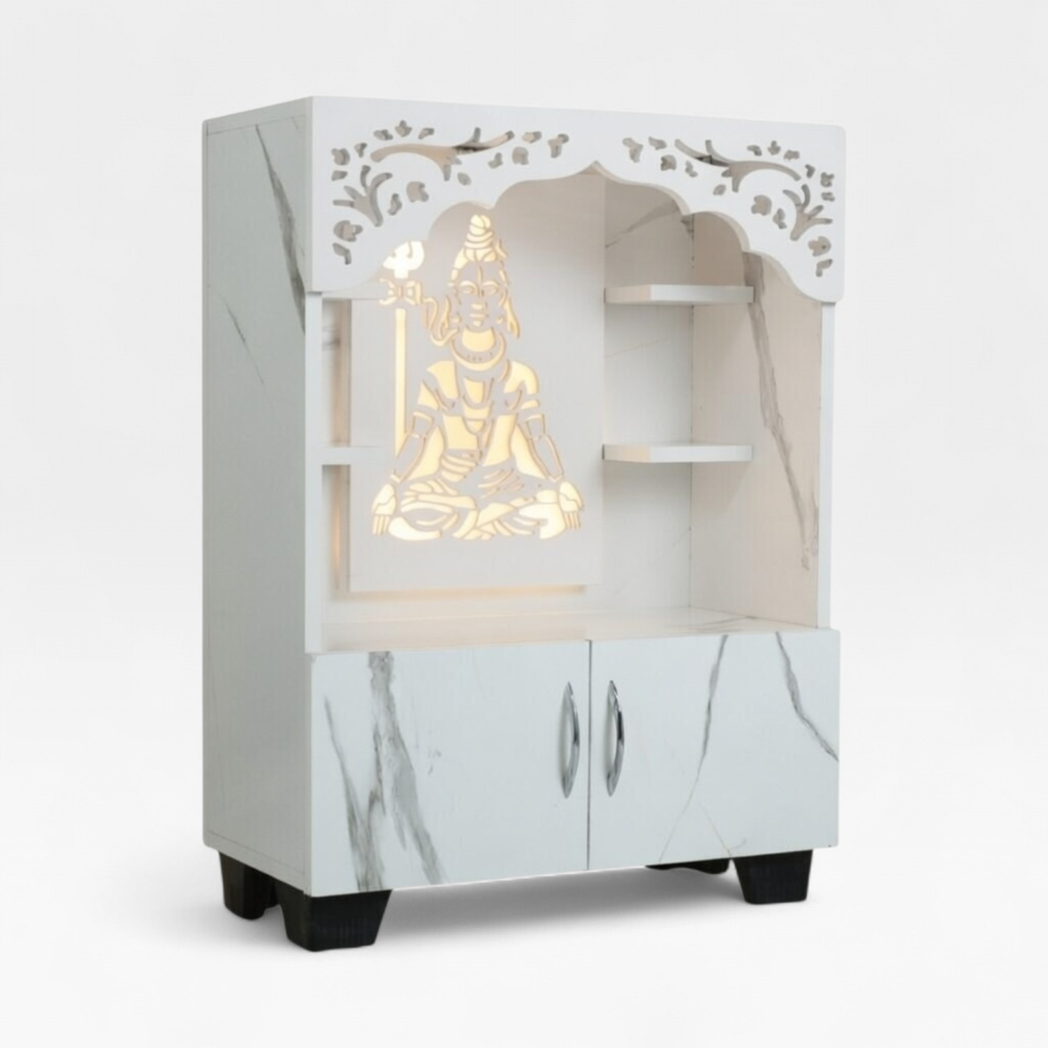 Image of Old Wolf Furniture Wooden Lord Shiva Pooja Mandir With LED Light & Storage Temple For Home Engineered Wood Home Temple