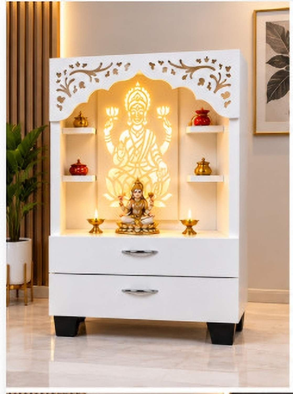 Image of Foxit Wooden Pooja Mandir With LED Light & Storage Temple For Home Engineered Wood Home Temple (Height: 82, Pre-assembled)