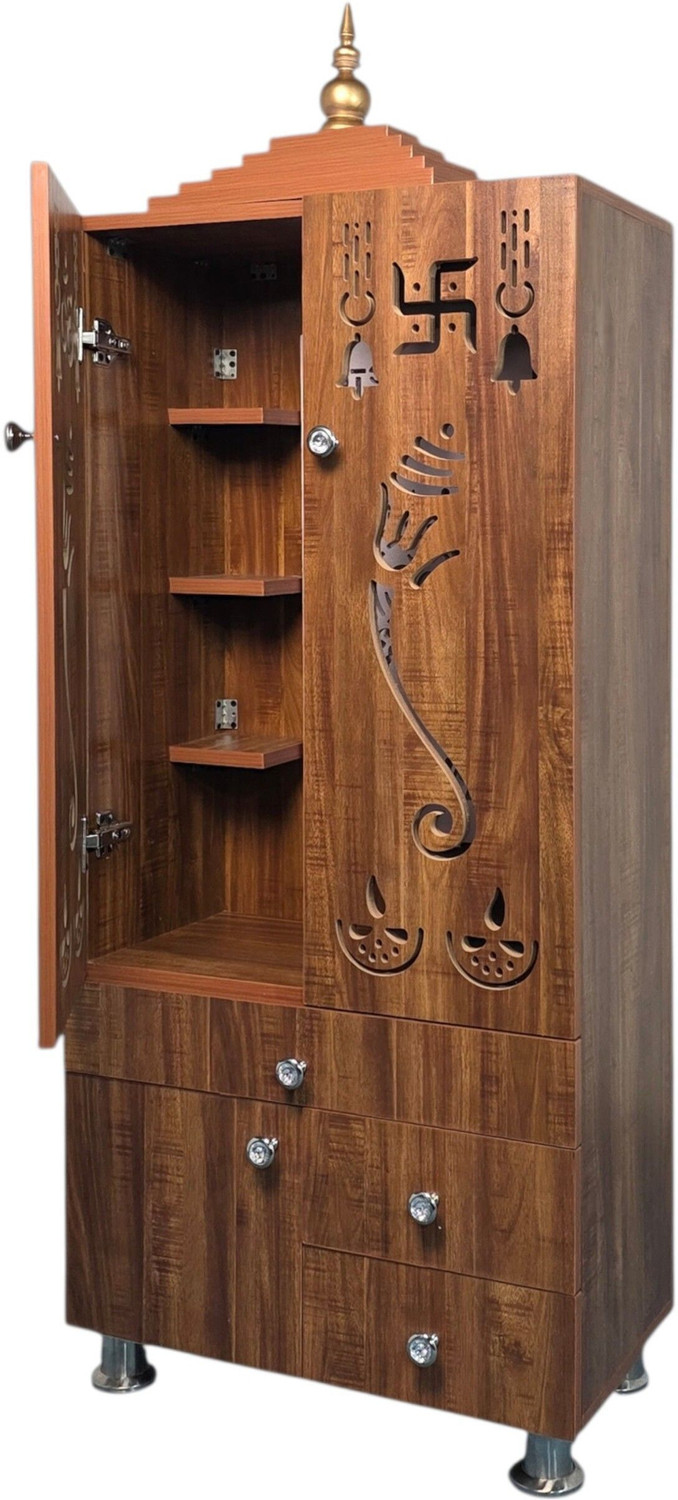 Image of Old Wolf Furniture Wooden Floor Standing Temple With Doors, LED Back Panel & Storage Drawers Engineered Wood Home Temple