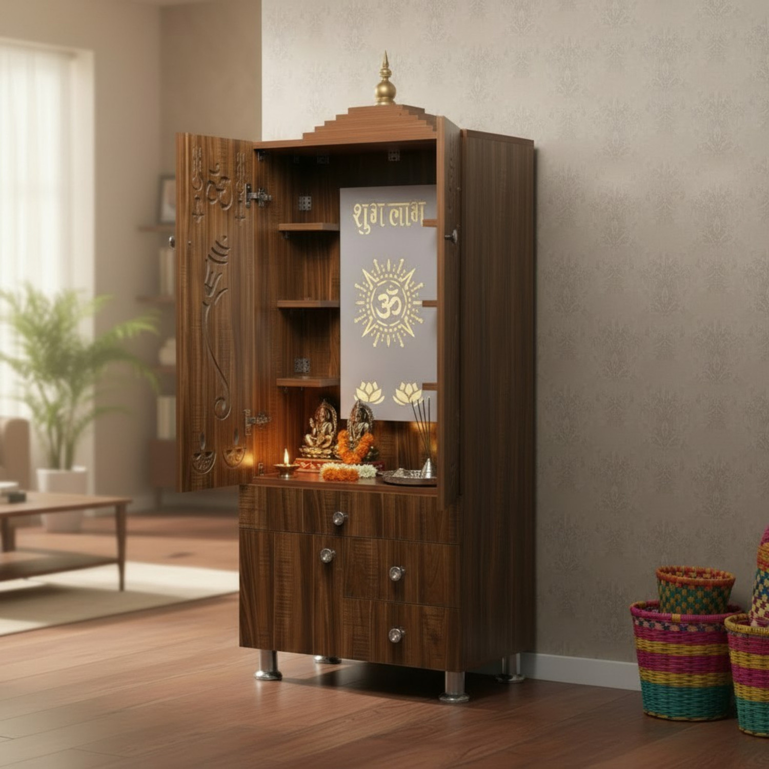 Image of Old Wolf Furniture Wooden Floor Standing Temple With Doors, LED Back Panel & Storage Drawers Engineered Wood Home Temple