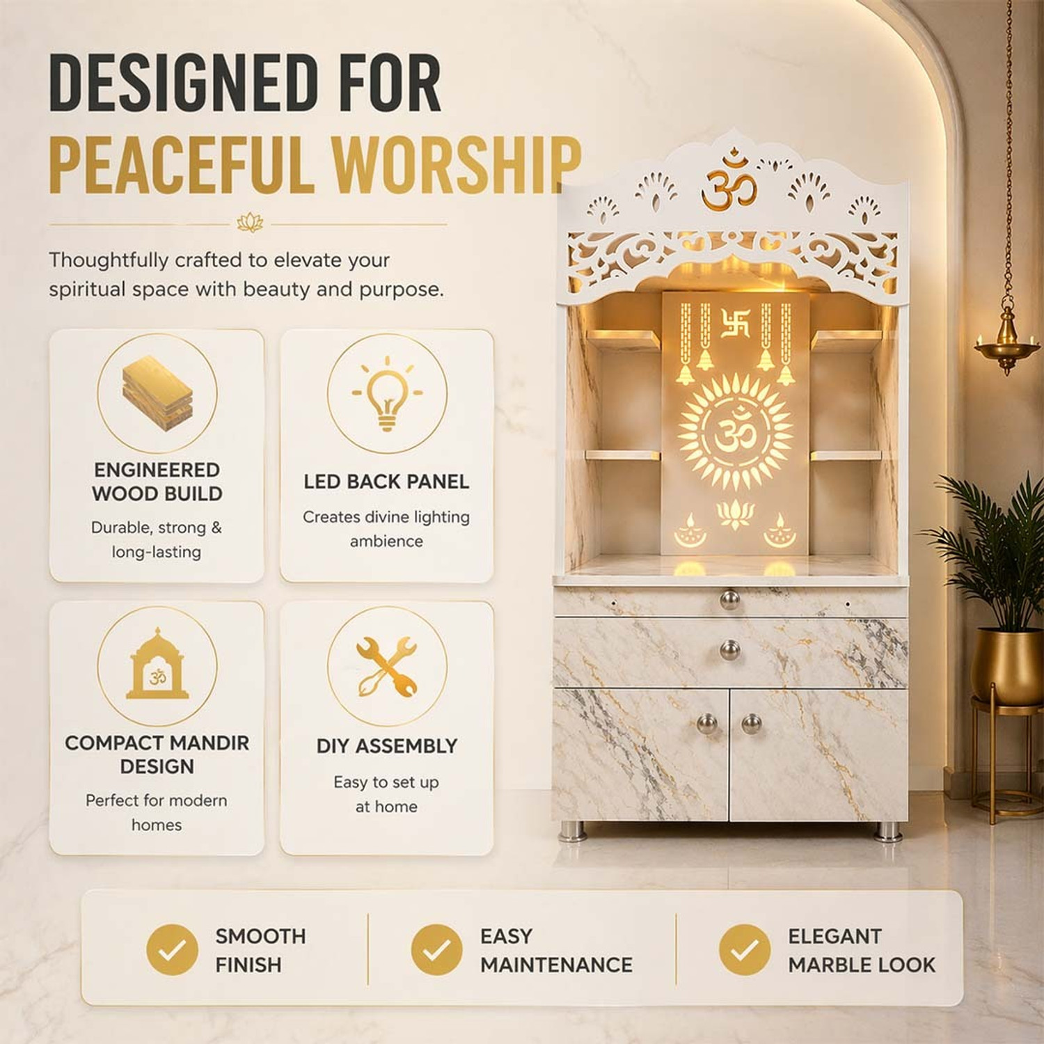 Image of A.D.MODULAR FURNITURE Puja Cabinet with Blue LED Engineered Wood Home Temple