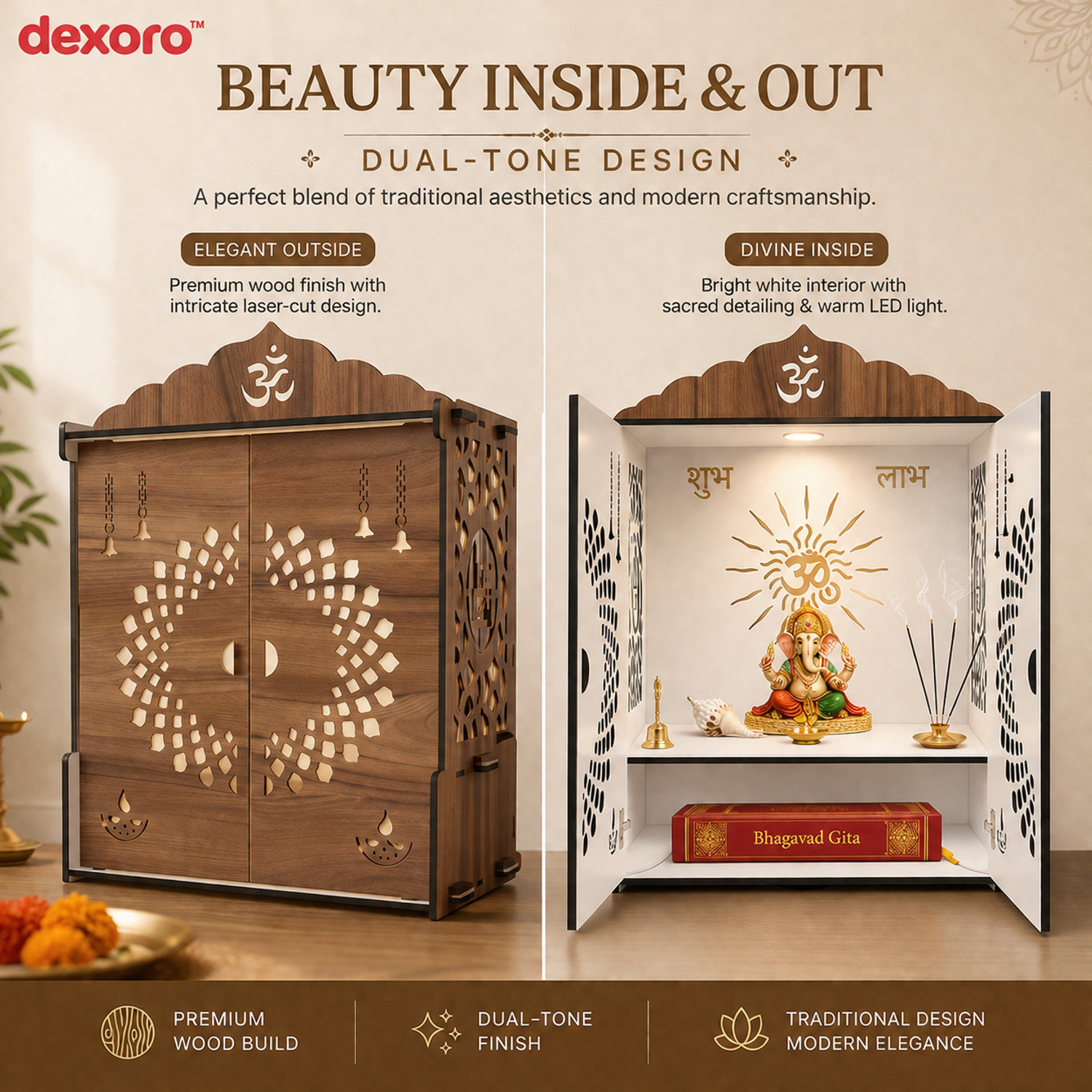 Image of DEXORO Pooja Temple Mandir for Home Office with LED Light Engineered Wood Home Temple