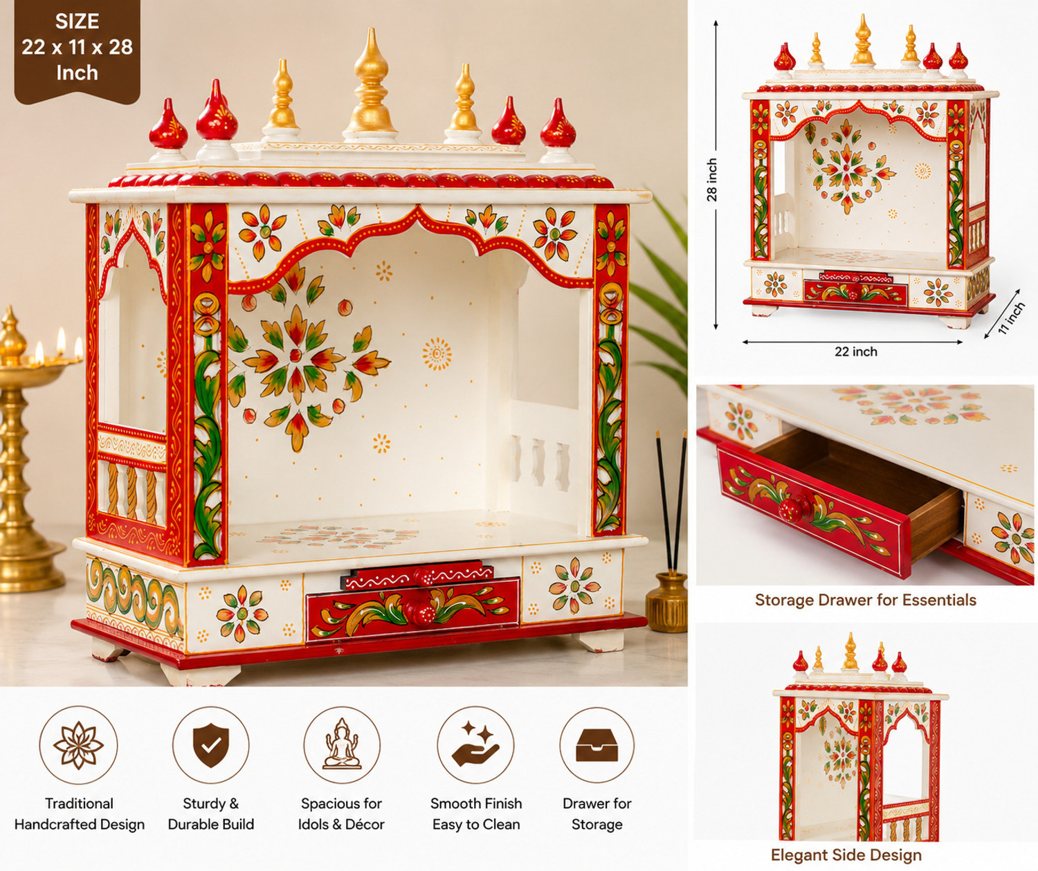 Image of kamdhenu art and craft Mandir Temple for Home Pooja, Arti Solid Wood Home Temple Solid Wood Home Temple Solid Wood Home Temple