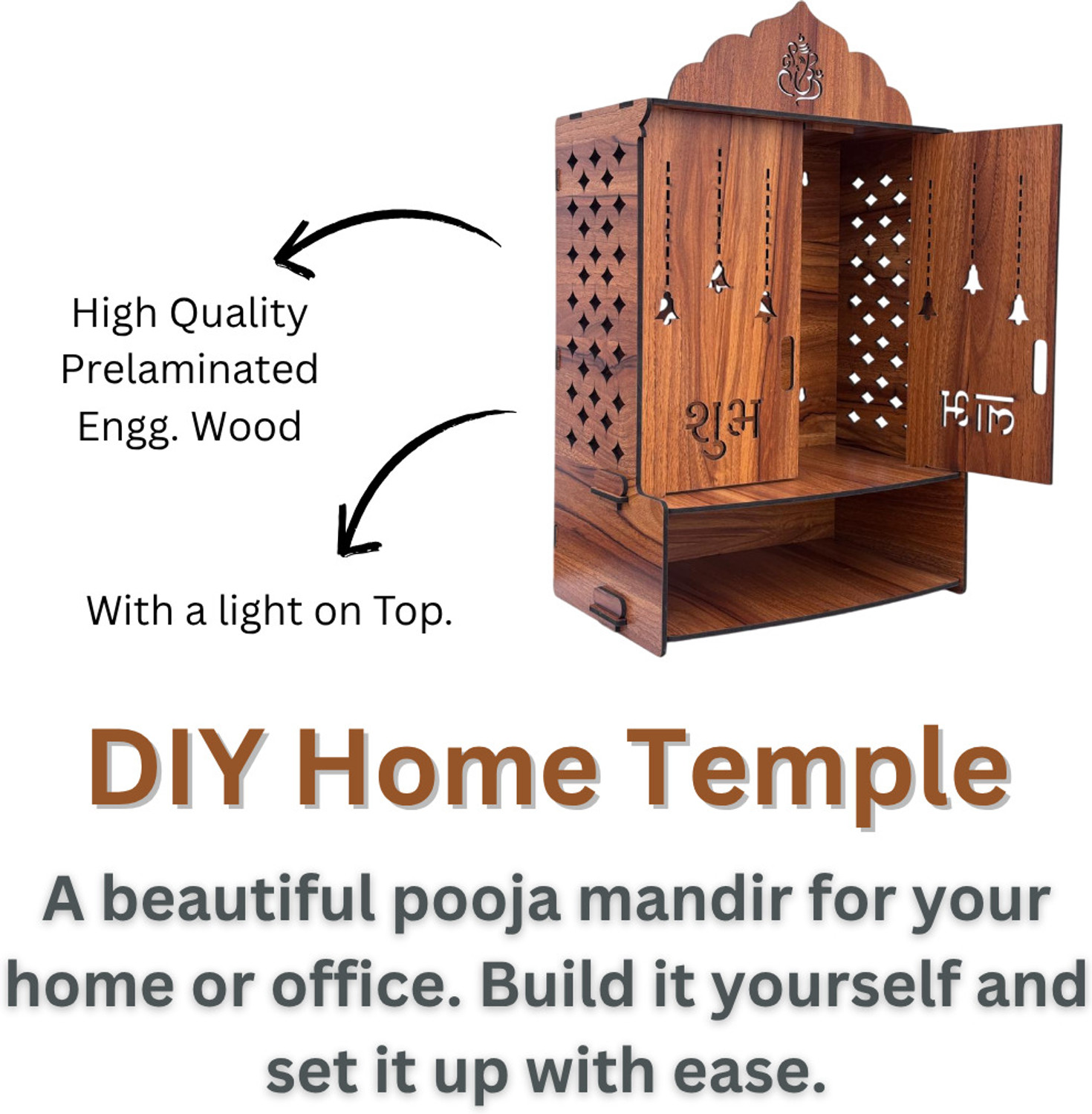 Image of Gloridec Wooden Temple for Home with Door, Storage & LED Lighting Engineered Wood Home Temple