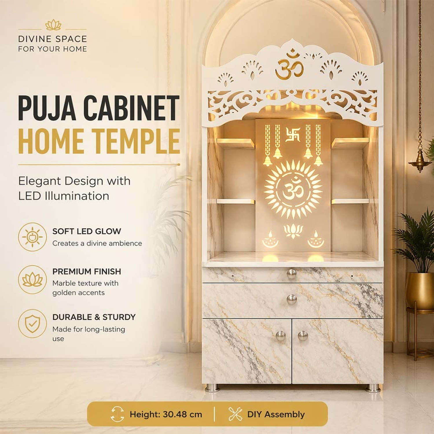 Image of A.D.MODULAR FURNITURE Puja Cabinet with Blue LED Engineered Wood Home Temple