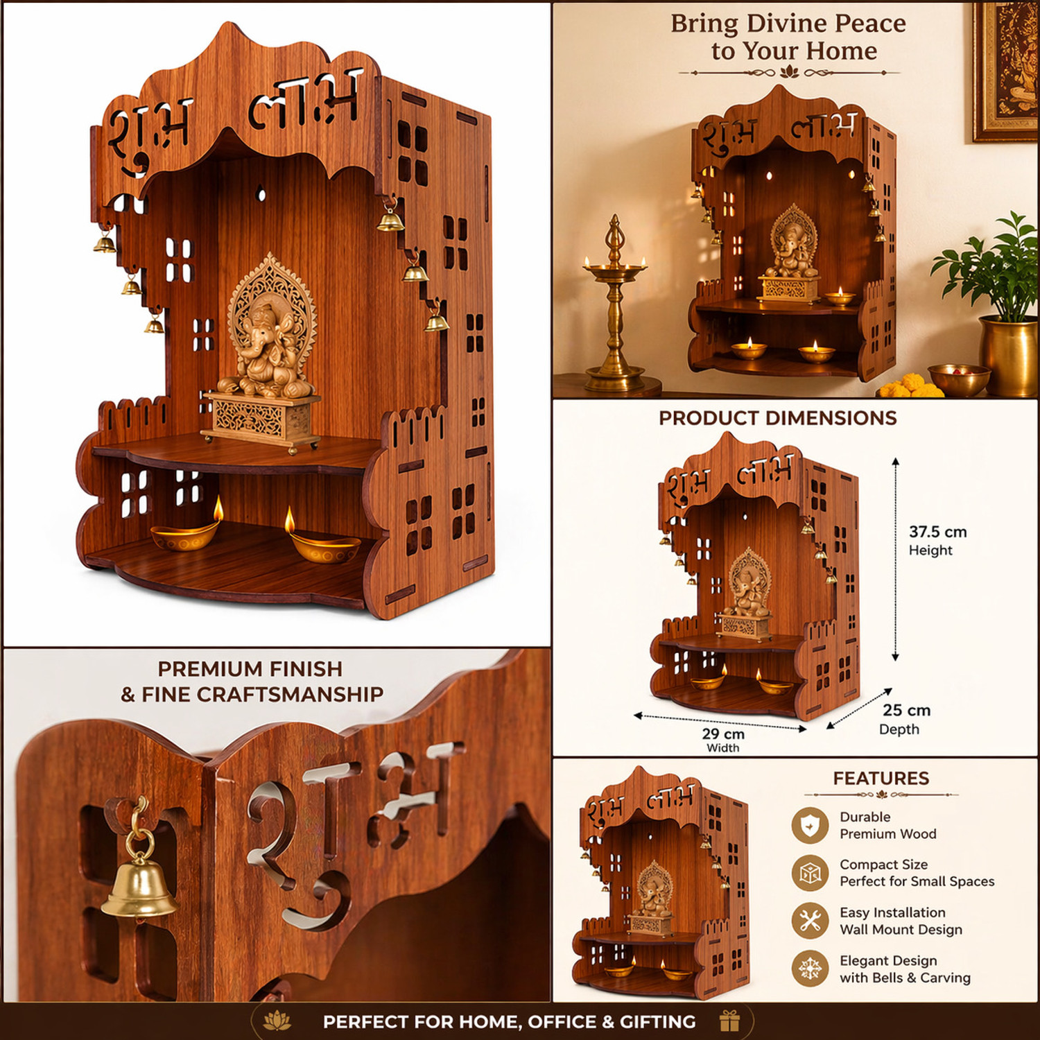 Image of LAKSHITA ART Lakshita Art Wooden Wall Mount Pooja Mandir with Carving & 6 Bells Engineered Wood Home Temple