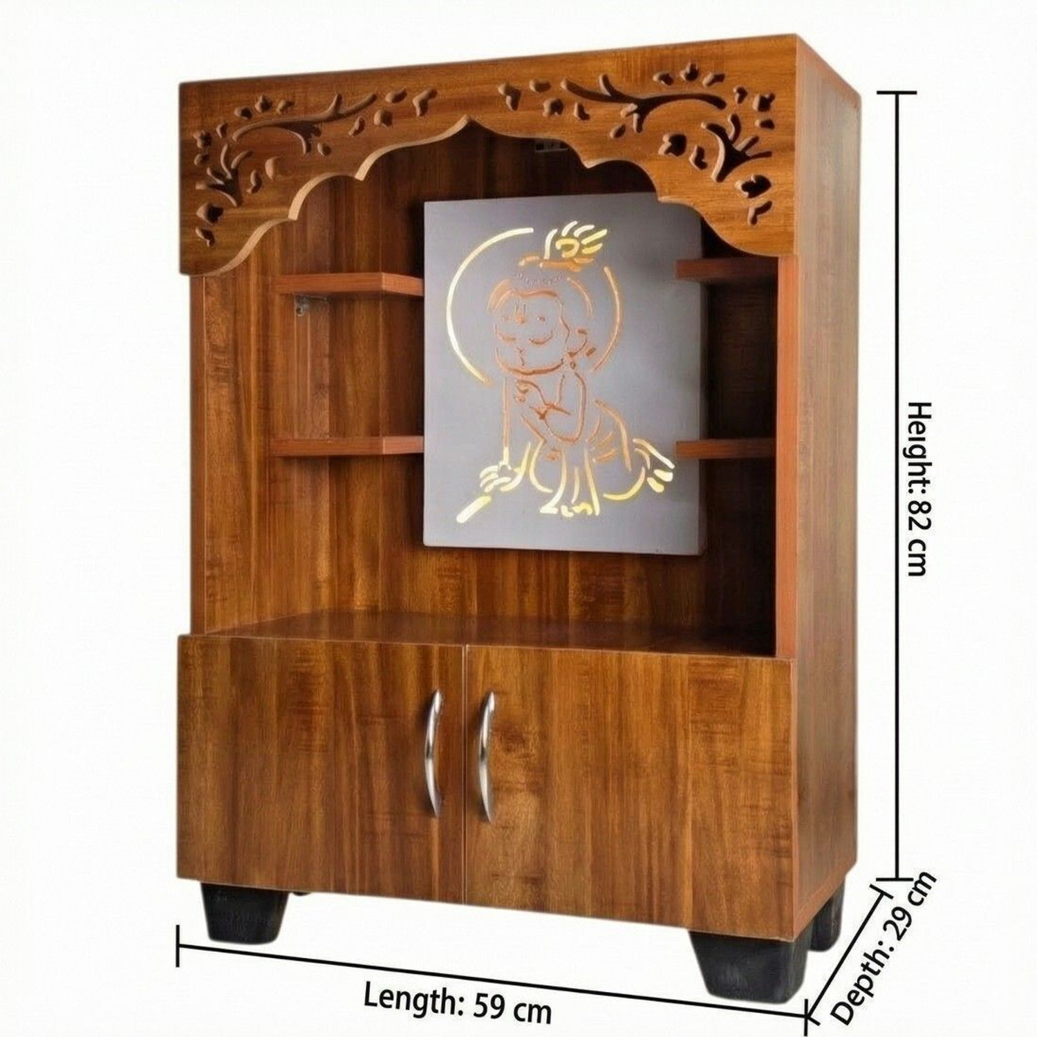 Image of Old Wolf Furniture Wooden Temple With LED Light Cabinet Storage Pooja Mandir Laddu Gopal Design Engineered Wood Home Temple