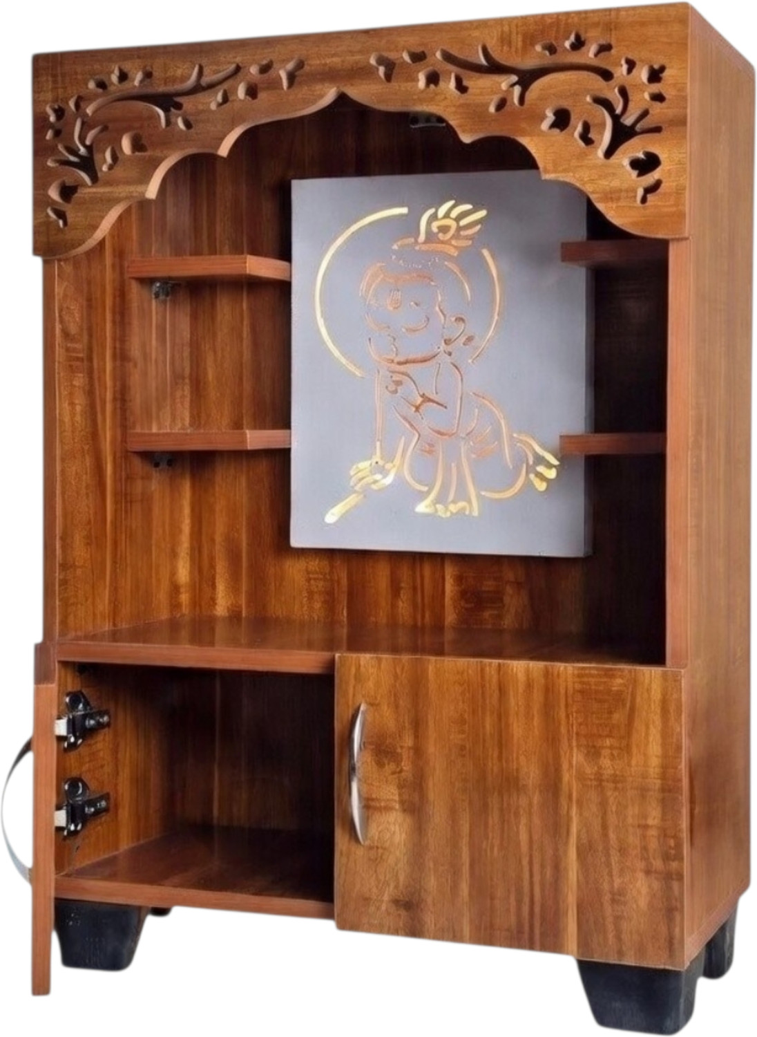 Image of Old Wolf Furniture Wooden Temple With LED Light Cabinet Storage Pooja Mandir Laddu Gopal Design Engineered Wood Home Temple
