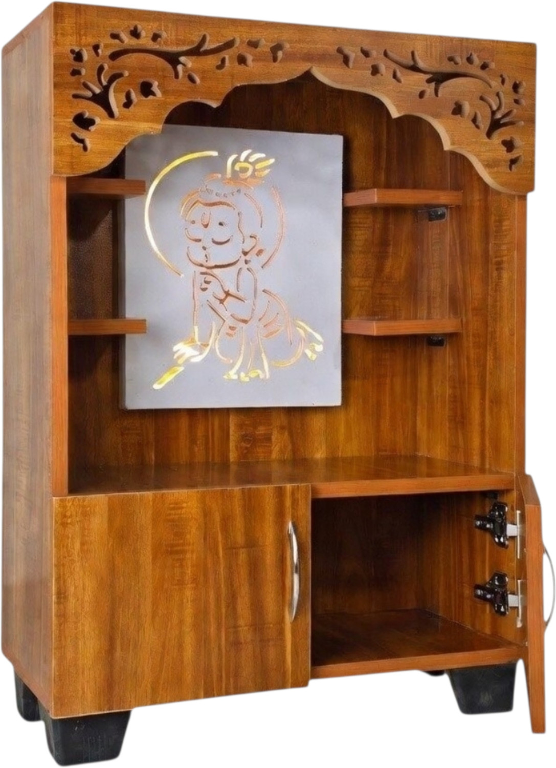 Image of Old Wolf Furniture Wooden Temple With LED Light Cabinet Storage Pooja Mandir Laddu Gopal Design Engineered Wood Home Temple