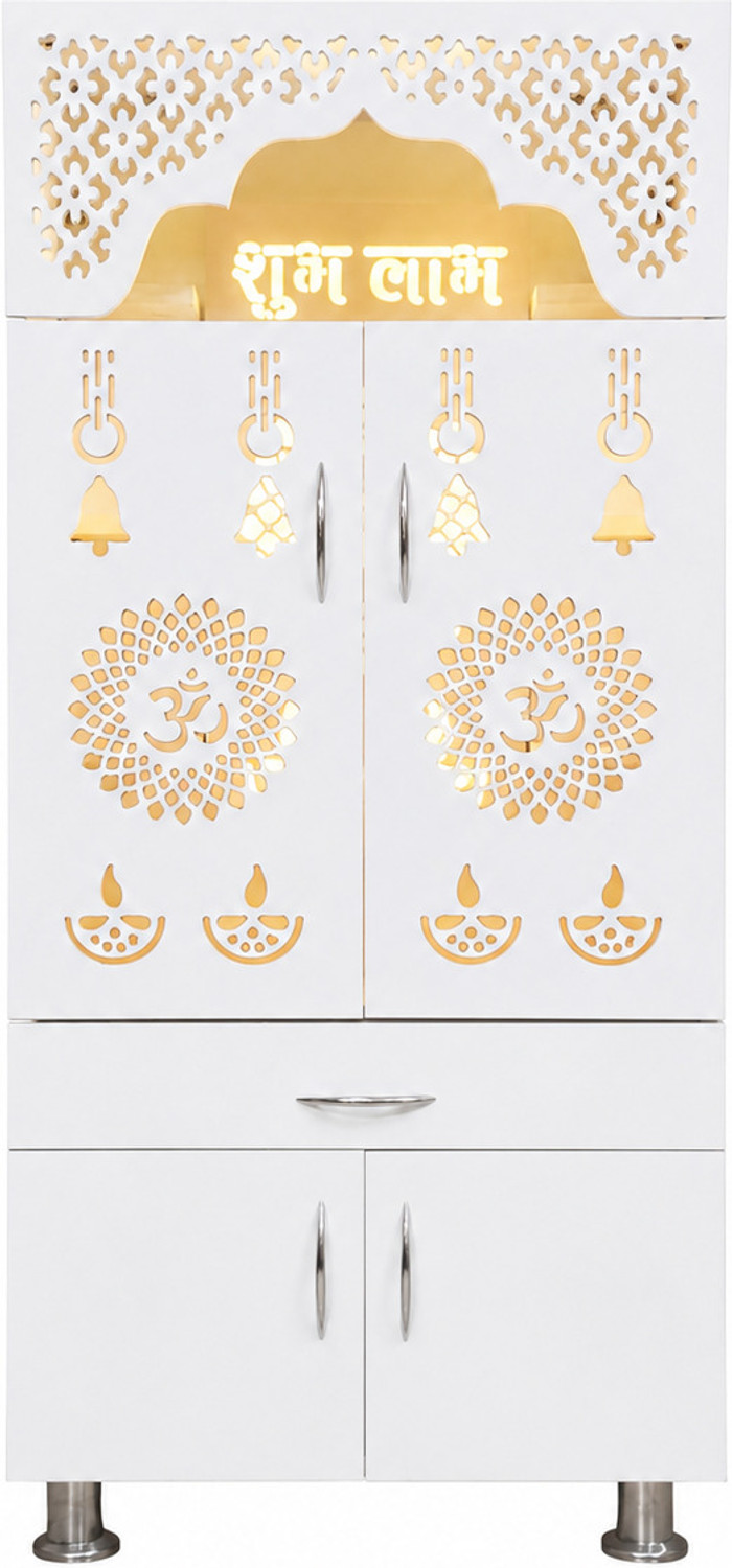 Image of Old Wolf Furniture Big Home Temple For Home | Pooja Mandir With Doors, LED Light & Storage | White Engineered Wood Home Temple