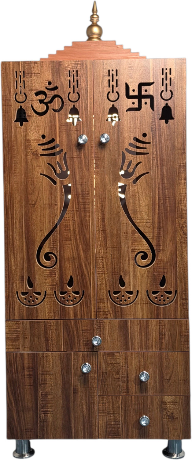 Image of Old Wolf Furniture Wooden Floor Standing Temple With Doors, LED Back Panel & Storage Drawers Engineered Wood Home Temple