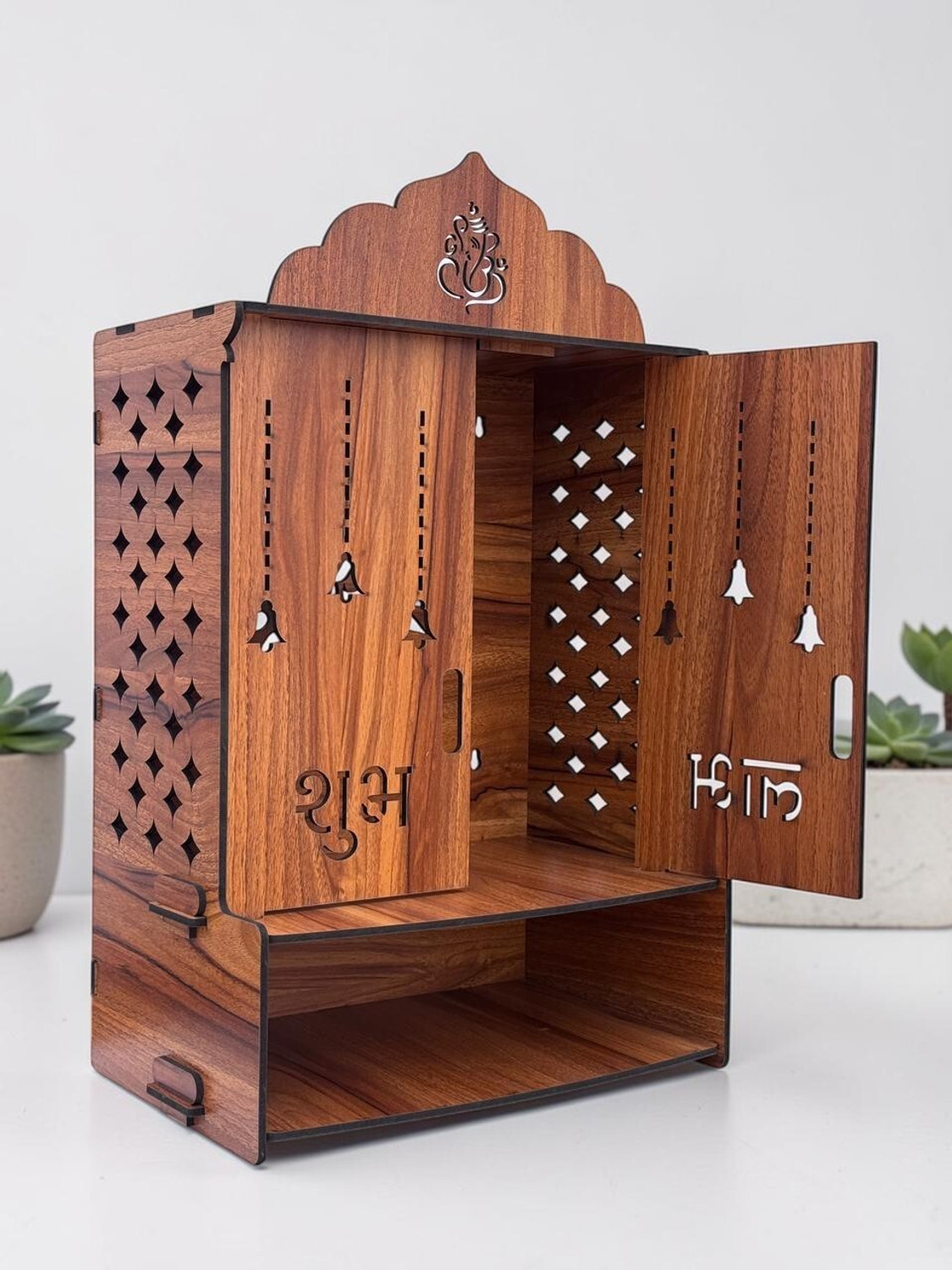 Image of Gloridec Wooden Temple for Home with Door, Storage & LED Lighting Engineered Wood Home Temple