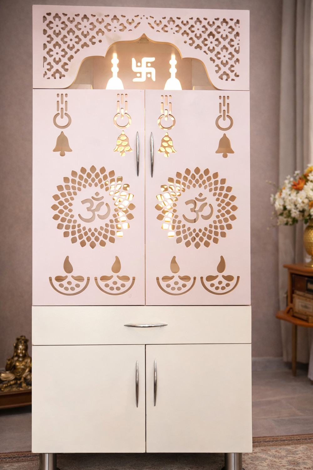 Image of HOODWIN Furniture Wooden Mandir Temple With Decorative LED Light Pre-assembled Engineered Wood Home Temple