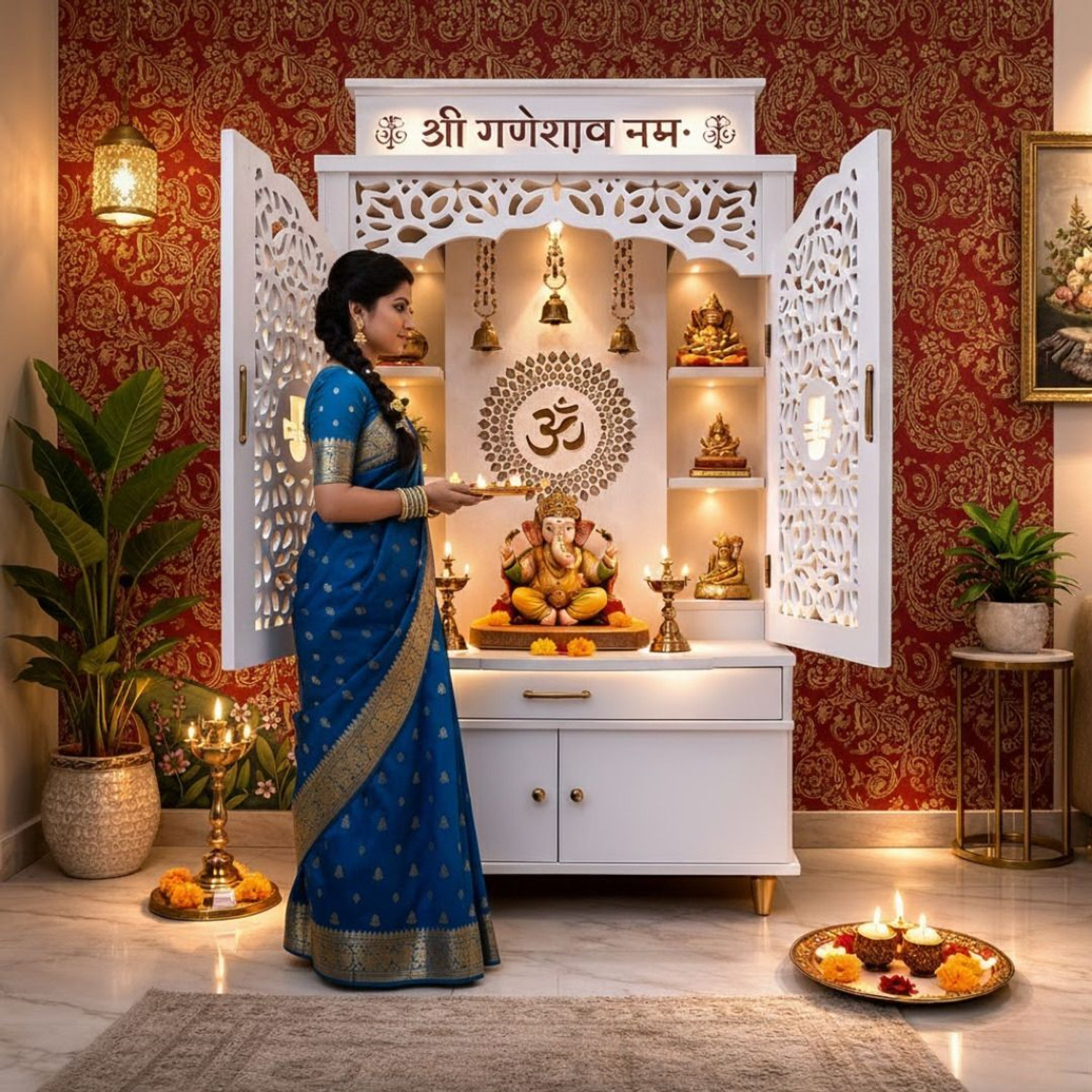 Image of HAKIM Wooden Pooja Mandir with Storage Solid Wood Home Temple