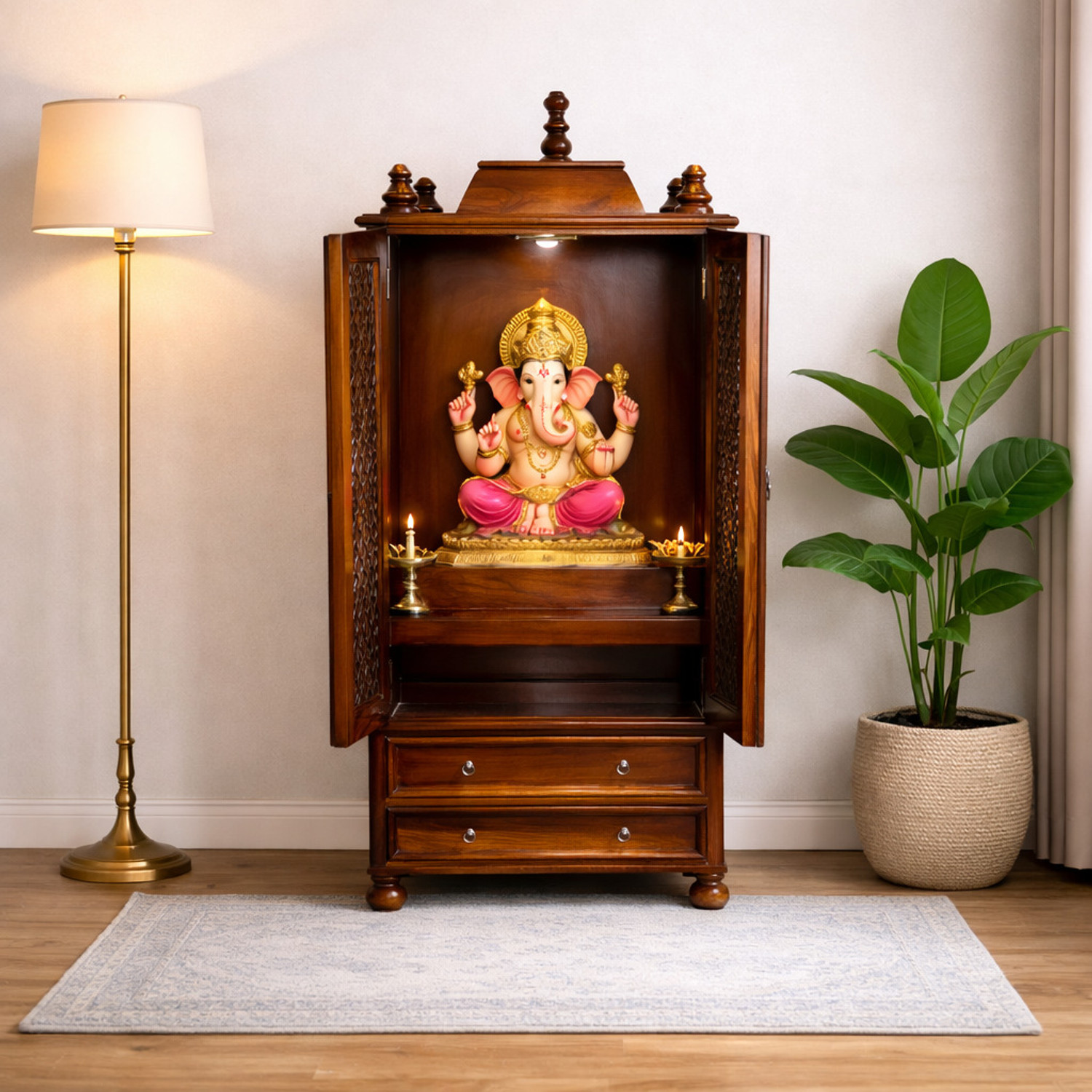 Image of VARSHA FURNITURE Solid Sheesham Wood Temple | Mandir| Pooja Ghar for Home & Decore| Navratri Solid Wood Home Temple