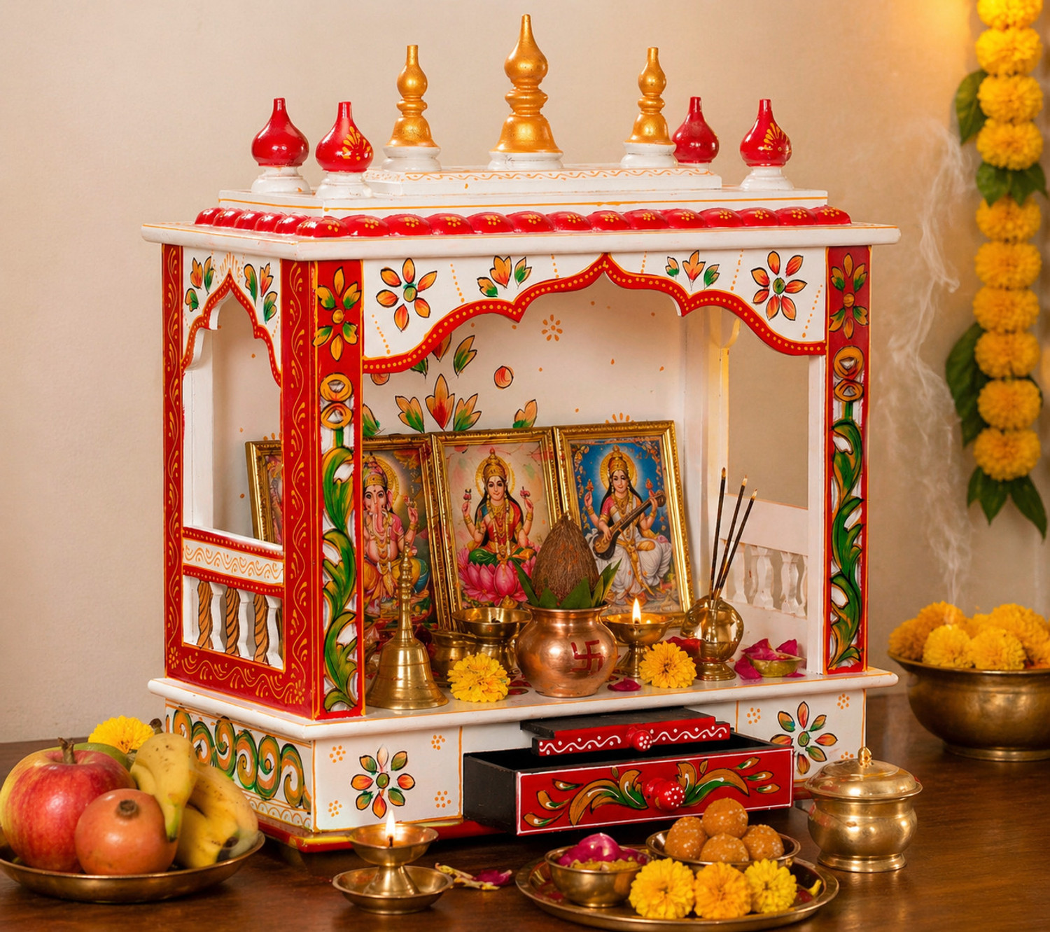 Image of kamdhenu art and craft Mandir Temple for Home Pooja, Arti Solid Wood Home Temple Solid Wood Home Temple Solid Wood Home Temple
