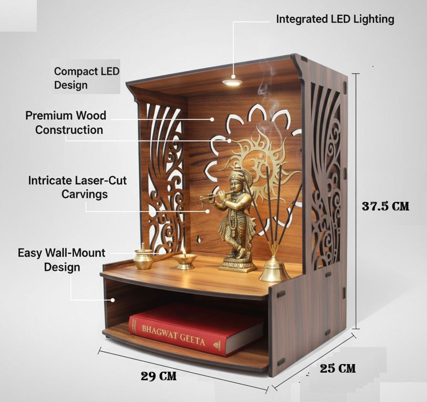 Image of Gojeeva Kraft Engineered Wooden LED Temple Handcrafted Design Pooja Mandir for Home & Office Engineered Wood Home Temple
