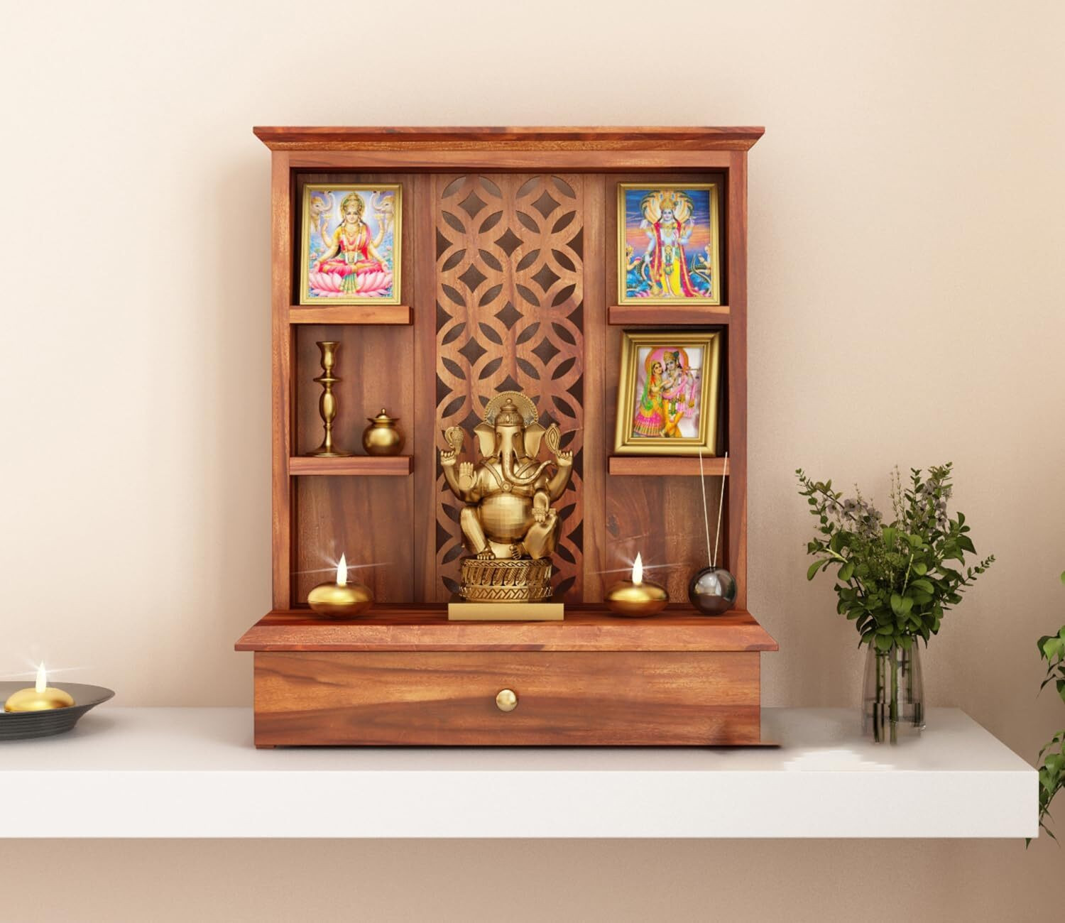Image of ONIJA Wooden Home Temple For Prayer & Puja Ghar Solid Wood Home Temple
