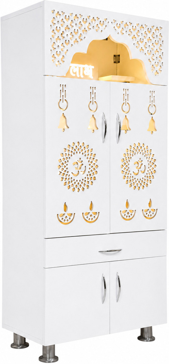 Image of Old Wolf Furniture Big Home Temple For Home | Pooja Mandir With Doors, LED Light & Storage | White Engineered Wood Home Temple