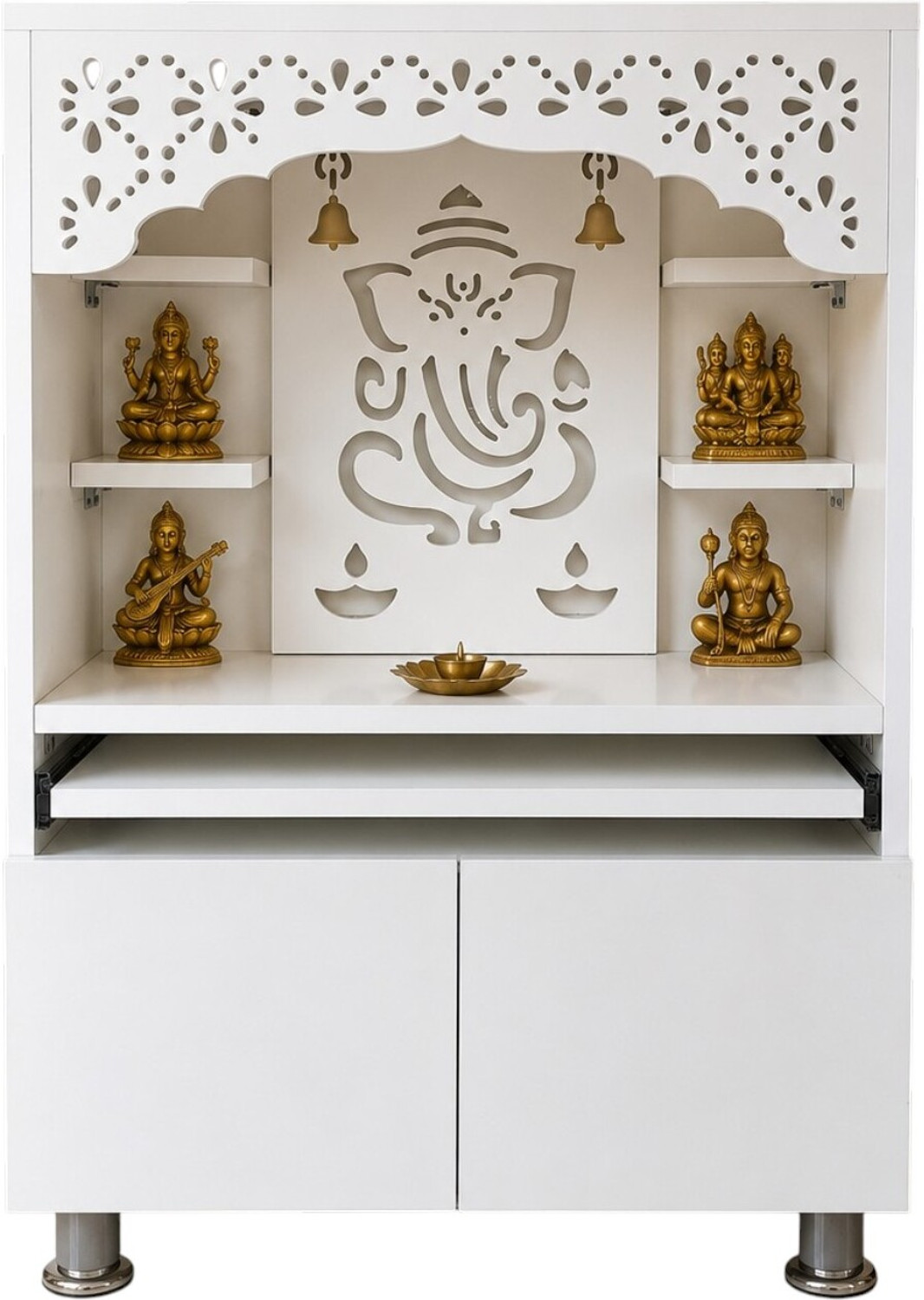 Image of The Wooden Factory White Mandir LED Backlit Ganesha Design storage Cabinet & Pull-Out Prayer Tray Engineered Wood Home Temple