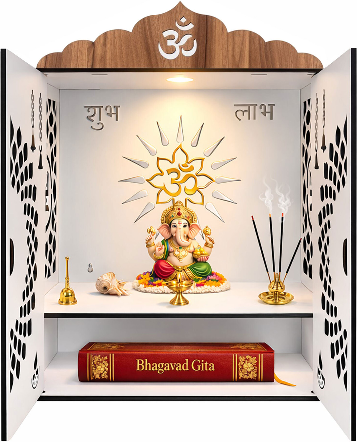 Image of DEXORO Pooja Temple Mandir for Home Office with LED Light Engineered Wood Home Temple