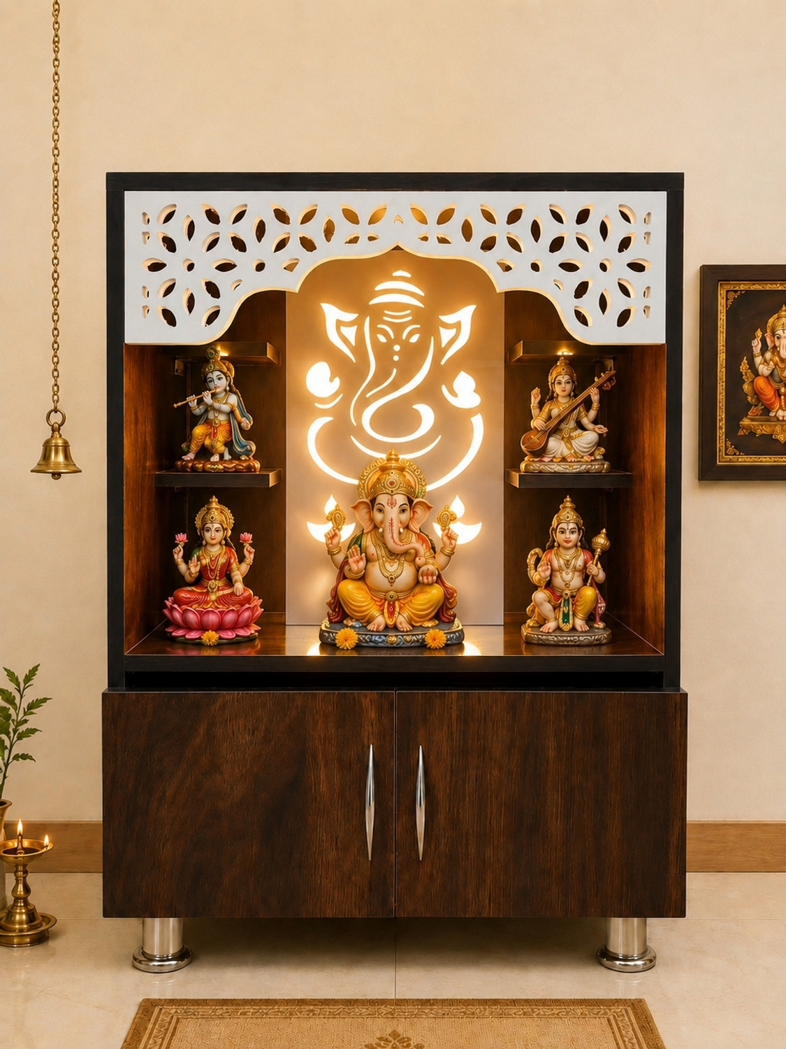 Image of loftqhomes Premium Pooja Mandir with LED Light Panel and Engineered Wooden Engineered Wood Home Temple