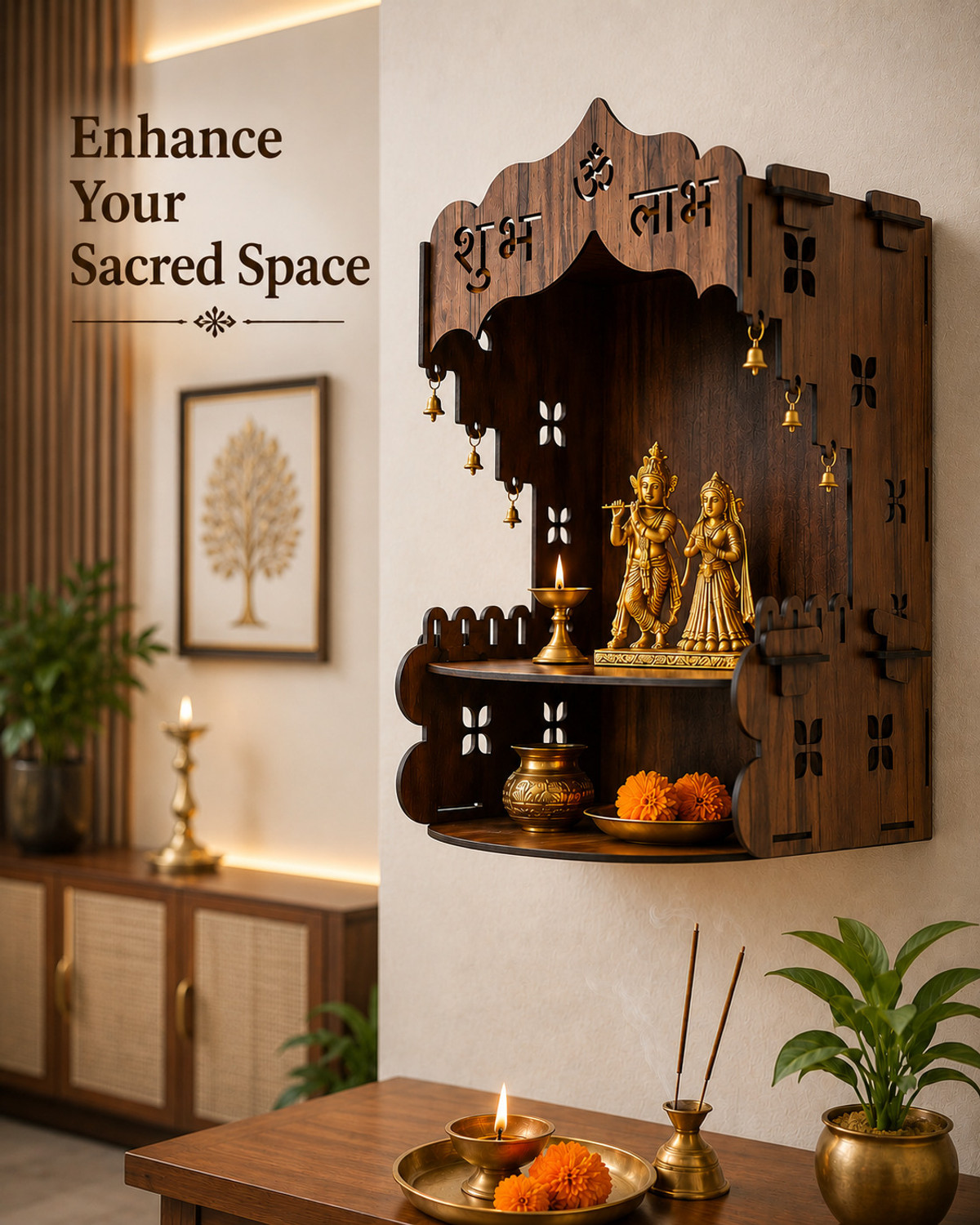 Image of Krishna Mart Shubh Labh Wall Mounted Mandir Engineered Wood Home Temple