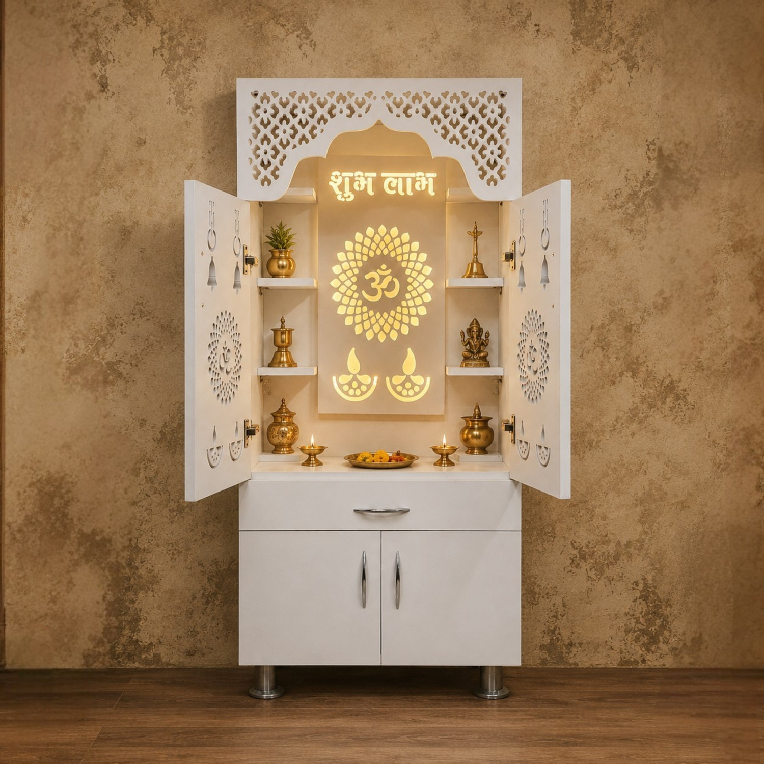 Image of Old Wolf Furniture Big Home Temple For Home | Pooja Mandir With Doors, LED Light & Storage | White Engineered Wood Home Temple
