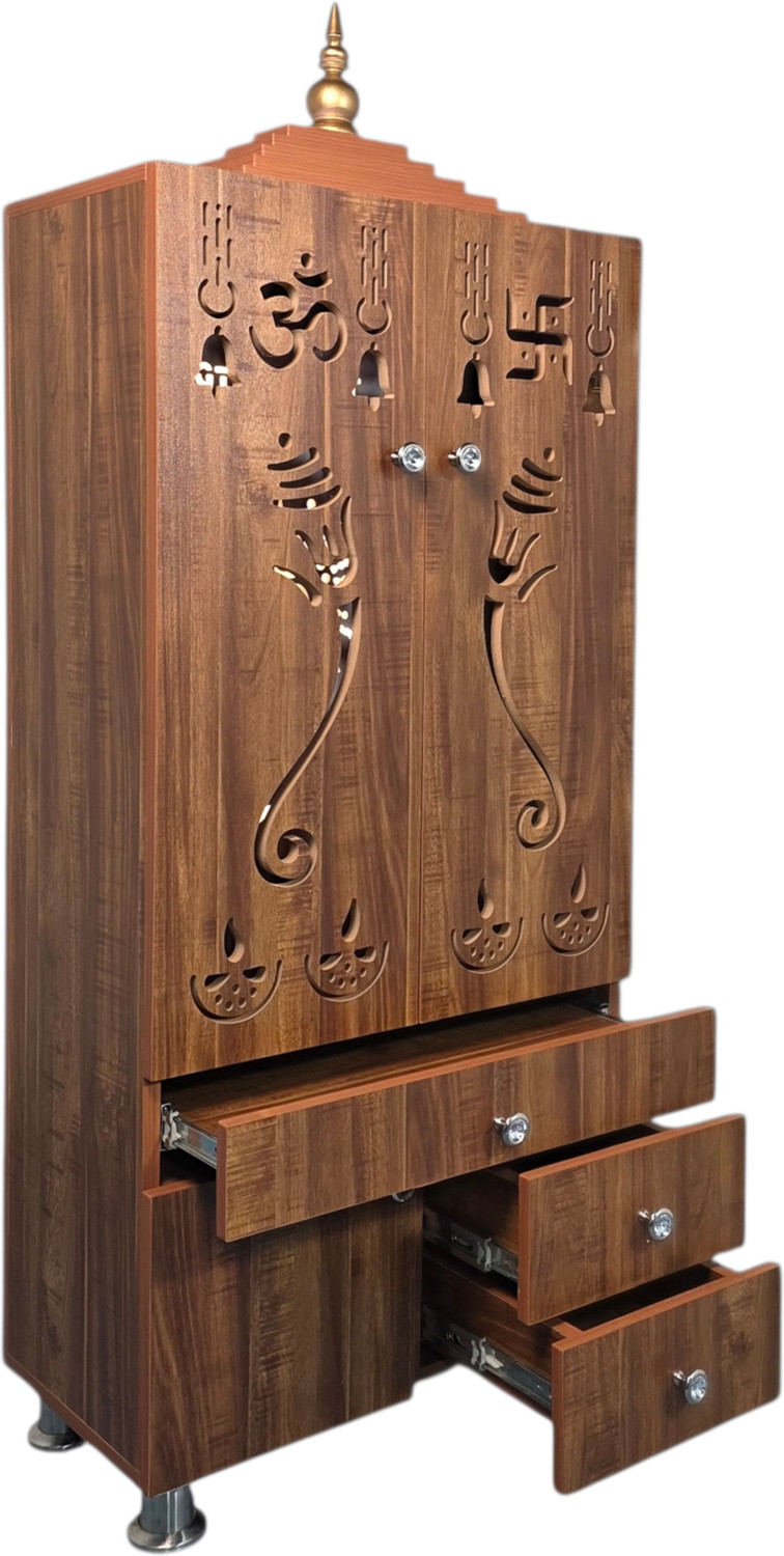 Image of Old Wolf Furniture Wooden Floor Standing Temple With Doors, LED Back Panel & Storage Drawers Engineered Wood Home Temple