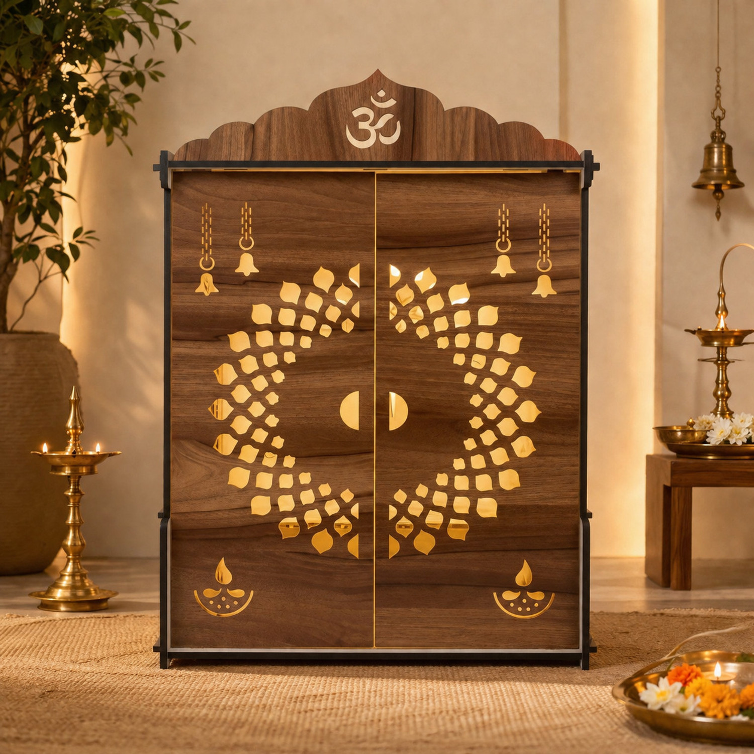 Image of DEXORO Pooja Temple Mandir for Home Office with LED Light Engineered Wood Home Temple