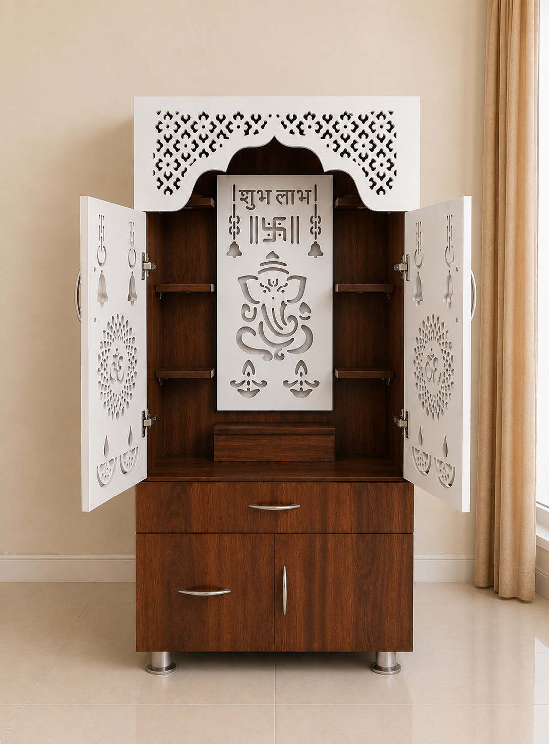 Image of The Wooden Factory Dark Brown Pooja Mandir with drawer, cabinet & led light | designer pooja mandir Engineered Wood Home Temple