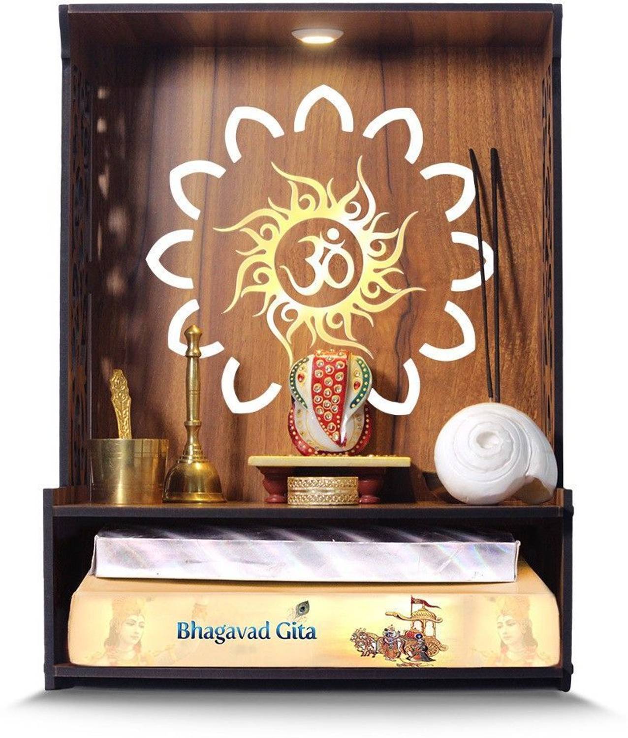 Heartily Laabh Beautiful Wooden Puja Stand for Home Temple and Office Puja Mandir - Wall Mounted with LED Spot Light - Size (H- 15.5, L- 11.5, W-11