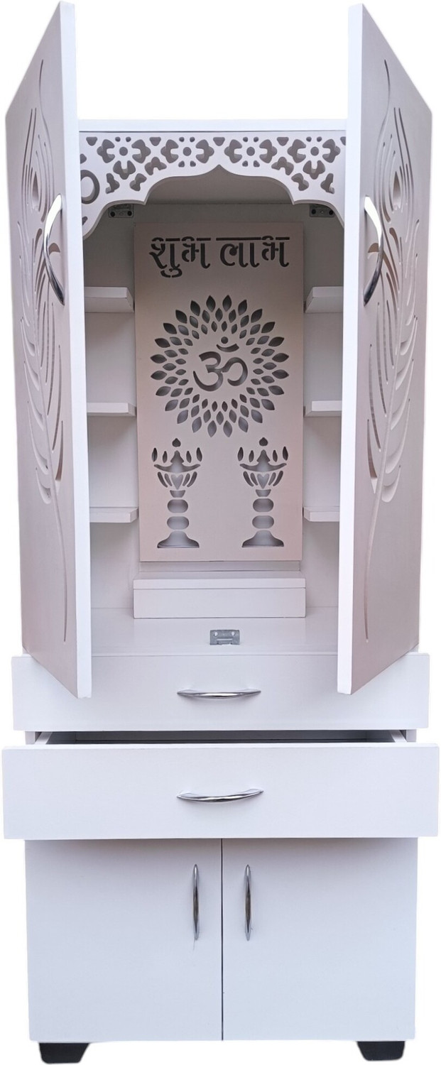 Image of God Of Decor White Mor Pankh Design Large Wooden Home Temple /Pooja Unit /Home Mandir Engineered Wood Home Temple