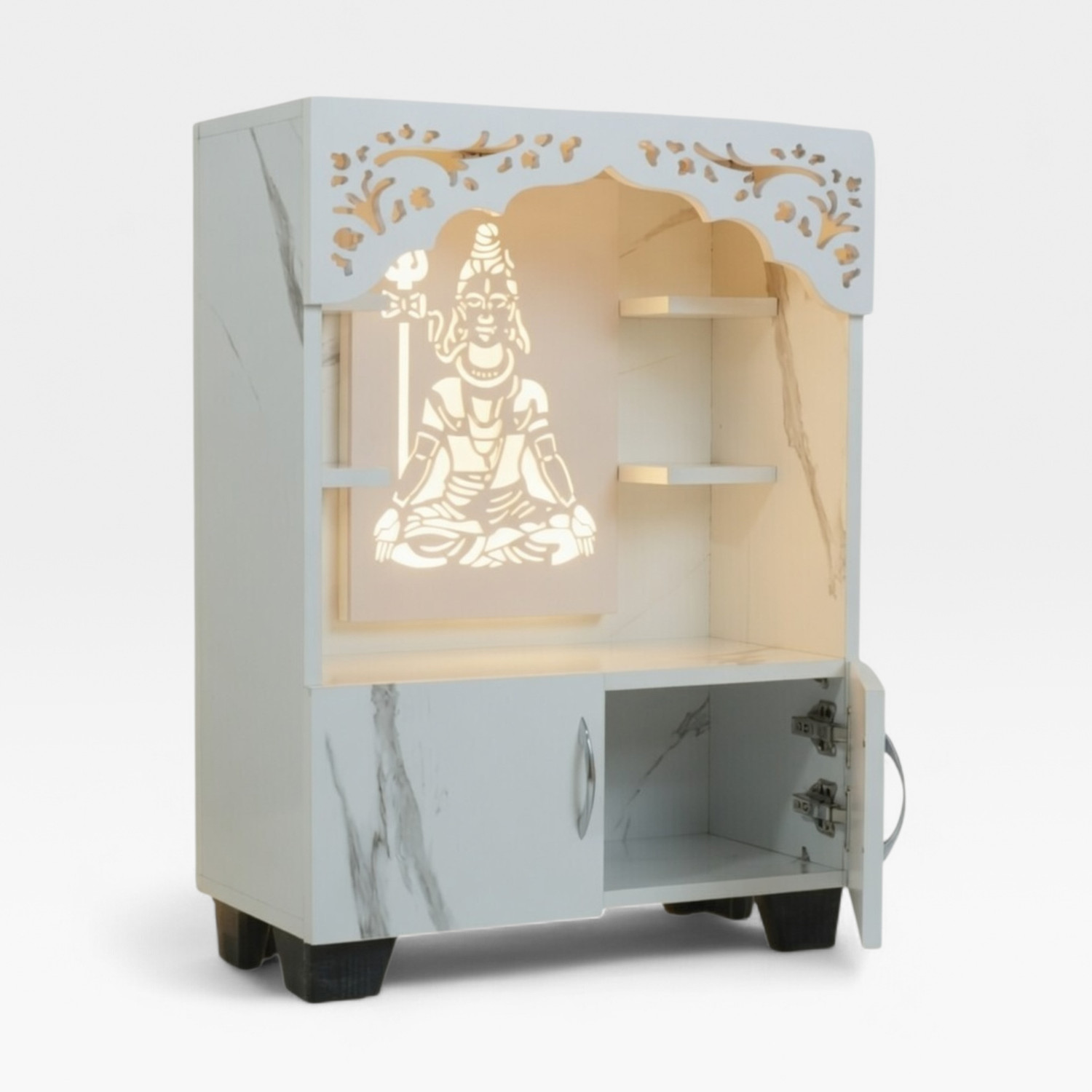 Image of Old Wolf Furniture Wooden Lord Shiva Pooja Mandir With LED Light & Storage Temple For Home Engineered Wood Home Temple