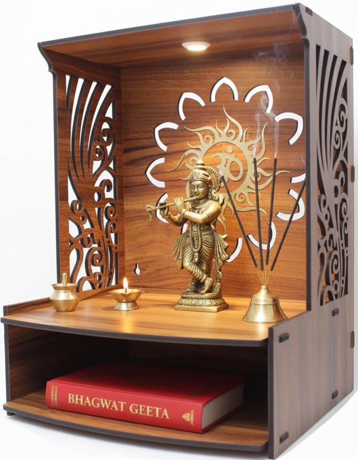 Image of Gojeeva Kraft Engineered Wooden LED Temple Handcrafted Design Pooja Mandir for Home & Office Engineered Wood Home Temple