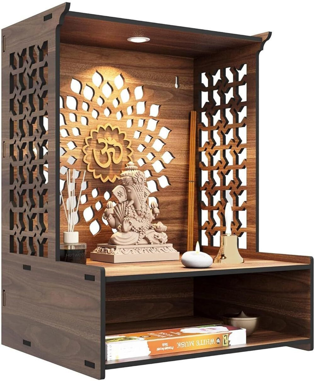 Image of Chitraksh Engineered Wood Hand Crafted Pooja Mandir for Home & Office, Wall Mounted Engineered Wood Home Temple