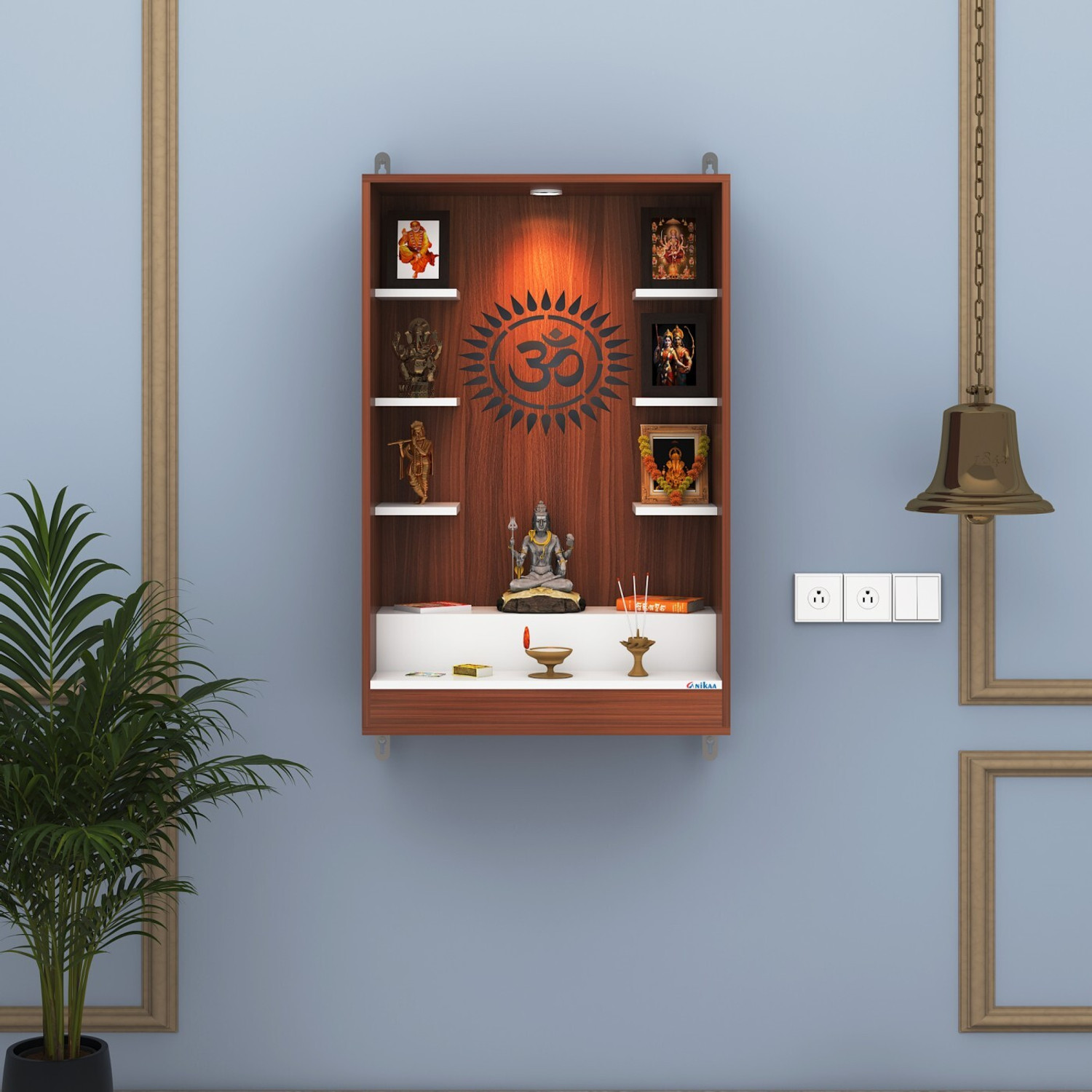 Image of FURNIWUD Niketana Wooden Wall Mount Temple with LED Light, Om Back Panel & 6 Shelves Engineered Wood Home Temple