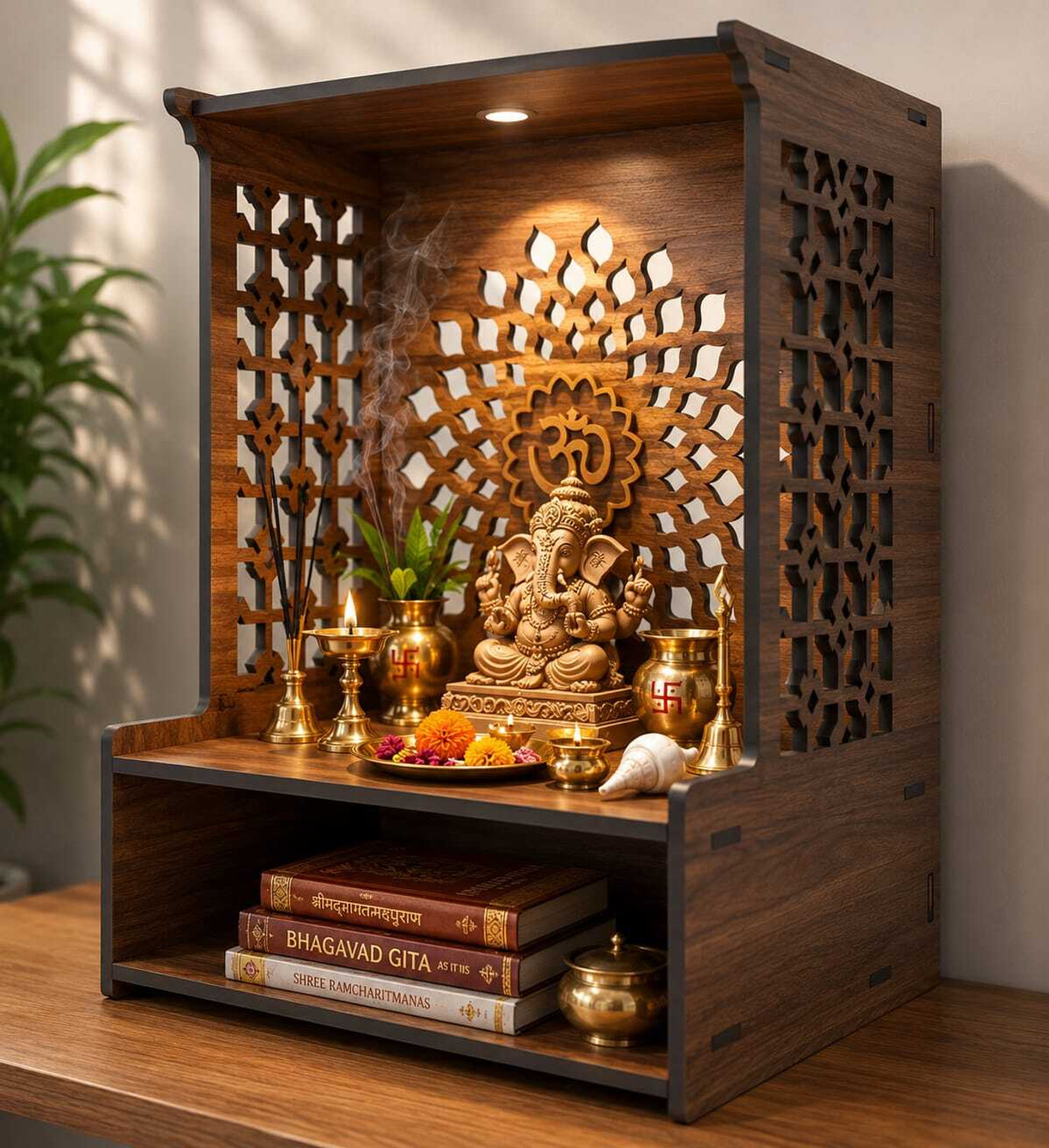 Image of Gojeeva Engineered Wooden LED Temple Handcrafted Design Pooja Mandir for Home & Office Engineered Wood Home Temple