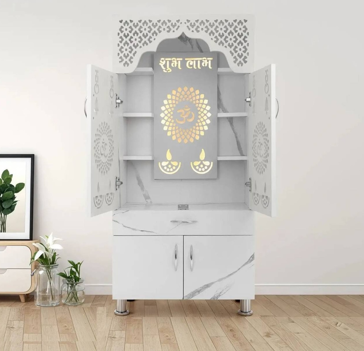 Image of Foxit Pooja Mandir|Temple for Home & Office with Led Back Light Wood Home Temple Engineered Wood Home Temple (Height: 135, Pre-assembled)
